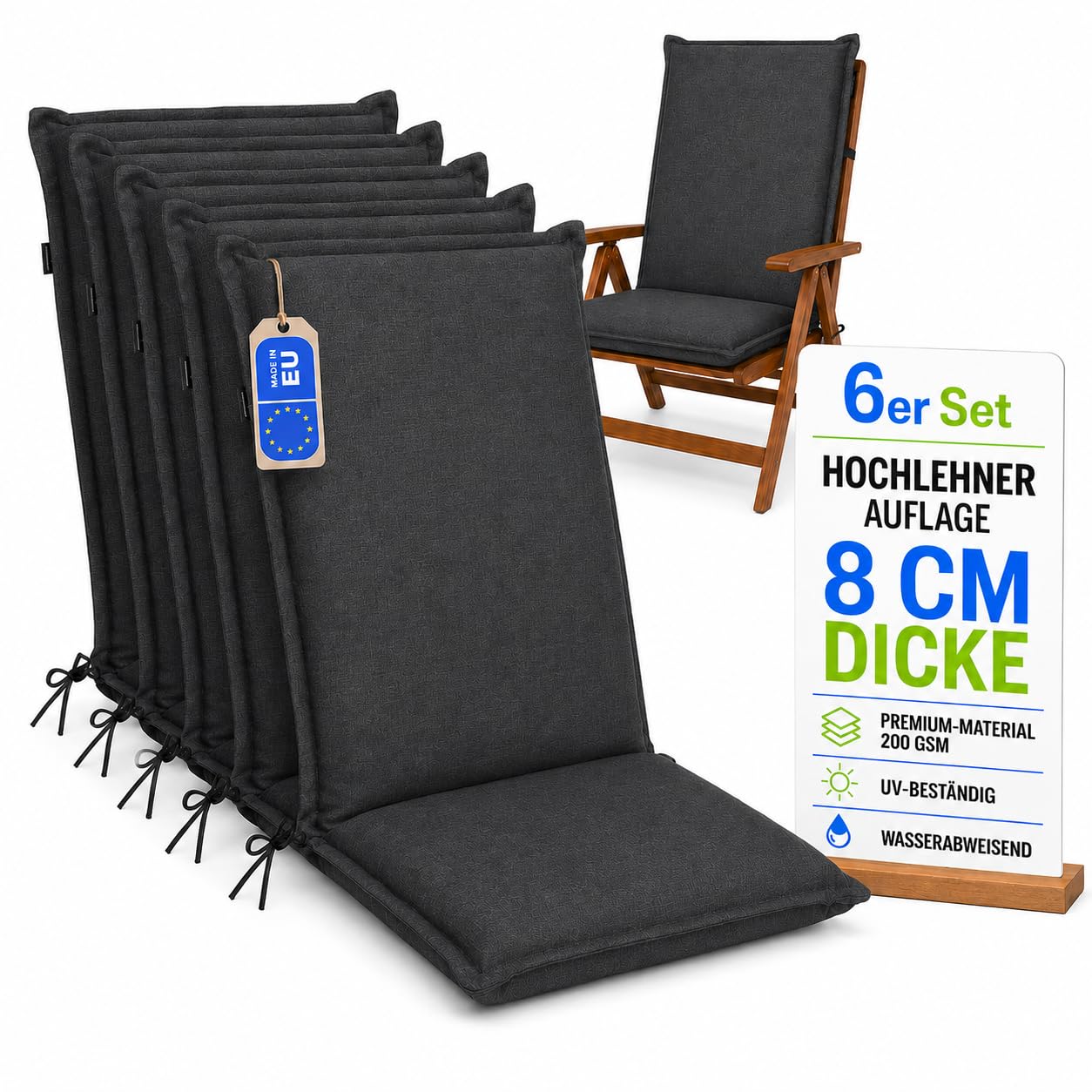 Hochlehner Auflagen 6er Set - 120x50cm – 8cm Dick - Premium-Material 200gsm, UV- & Wasserabweisend | Sitzauflagen - Sitzkissen Gartenstuhlauflagen - Gartenmöbel & Gartenstuhl | Graphit