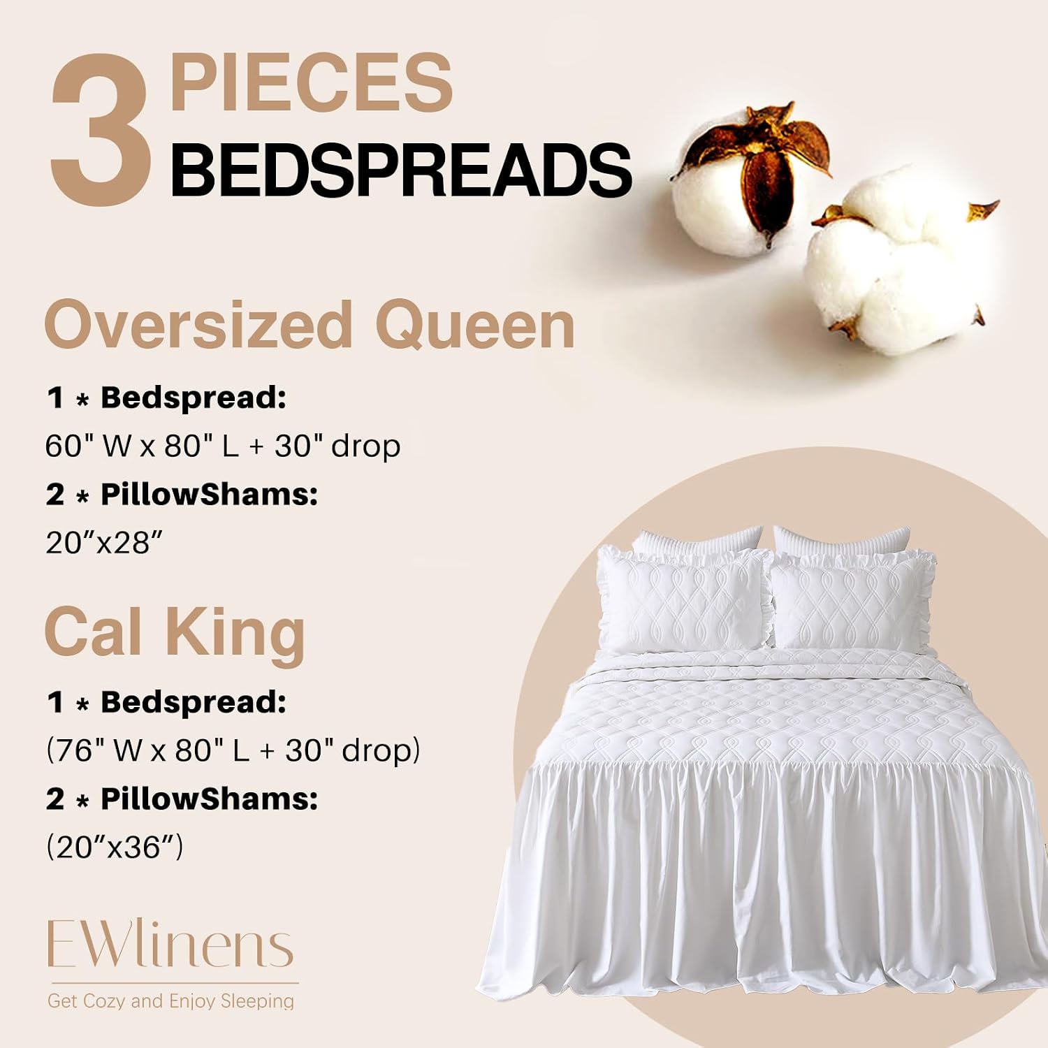 EWlinens Ruffle Skirt Bedspread Set - Vintage Chic 100% Cotton Oversized King Bedspreads, Farmhouse White Elegant Lace Bedding Ruffled Bed Spread Cal King Size, All Season Home Decor, 3 Pieces
