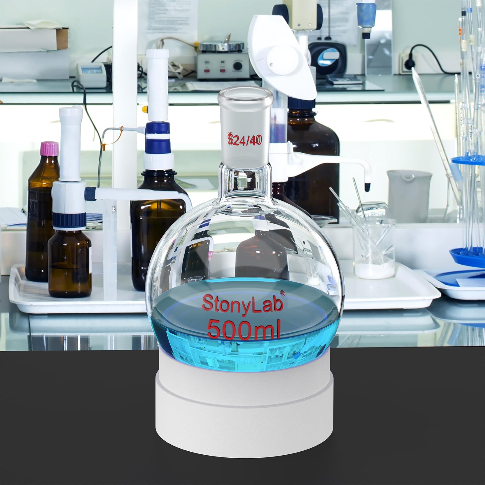 StonyLab 500ml Frasco de Vidrio Redondo con Fondo Redondo, RBF, Junta Exterior Cono Estándar 24/40