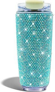 14oz Bling Rhinestones Coffee Tumblers with Flip Lid Insulated Stainless Steel Travel Diamond Coffee Mug Leak Proof Reusable To Go bedazzled Cup Keeps Cold and Hot (Blue)