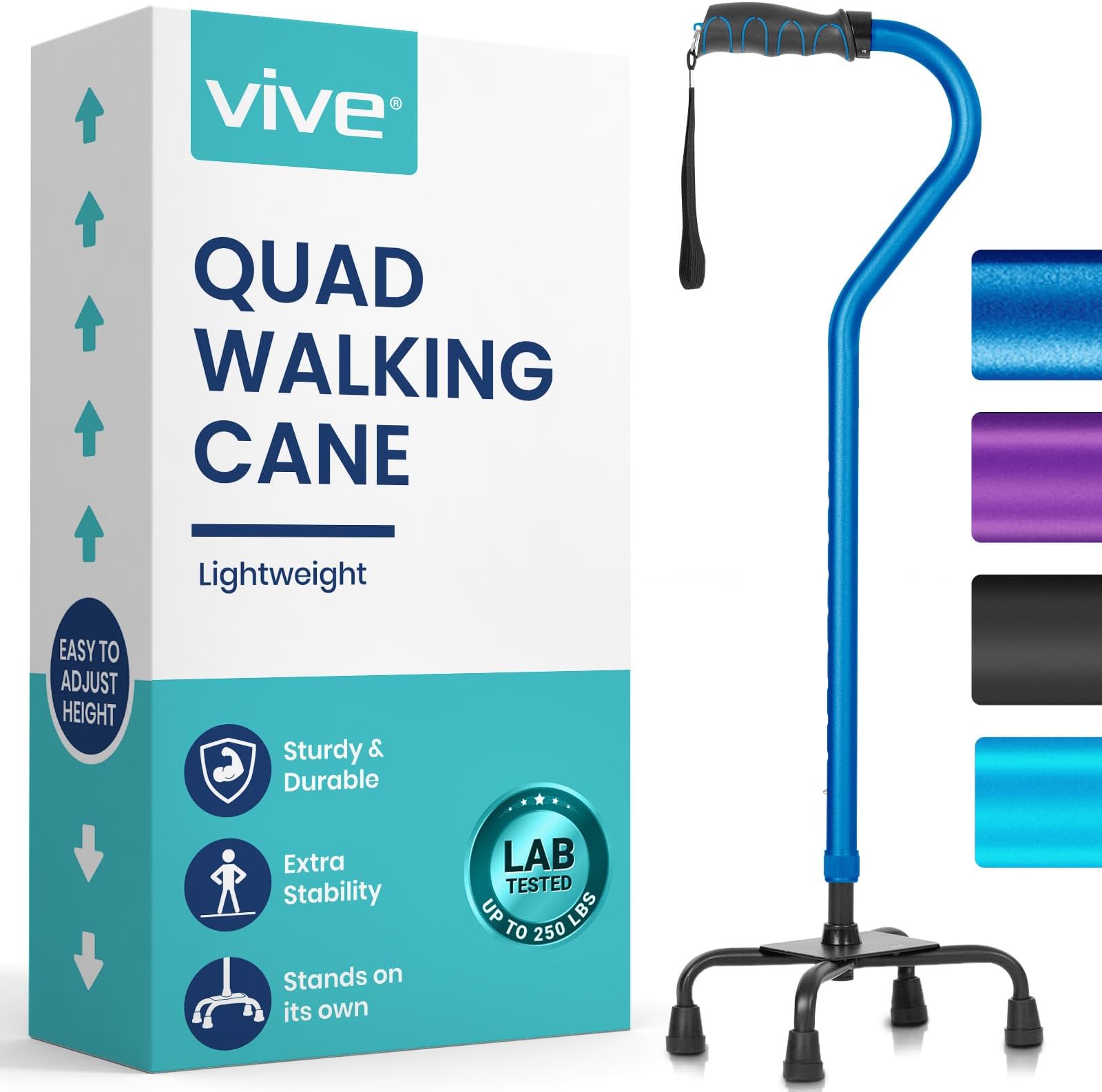 Quad Cane - Walking Stick for Men and Women - Lightweight Adjustable Staff - Comfortable Right and Left Hand Grip for Stability Support - Four Prong Sturdy Aluminum Travel Aid - 4 Tip Dark Blue