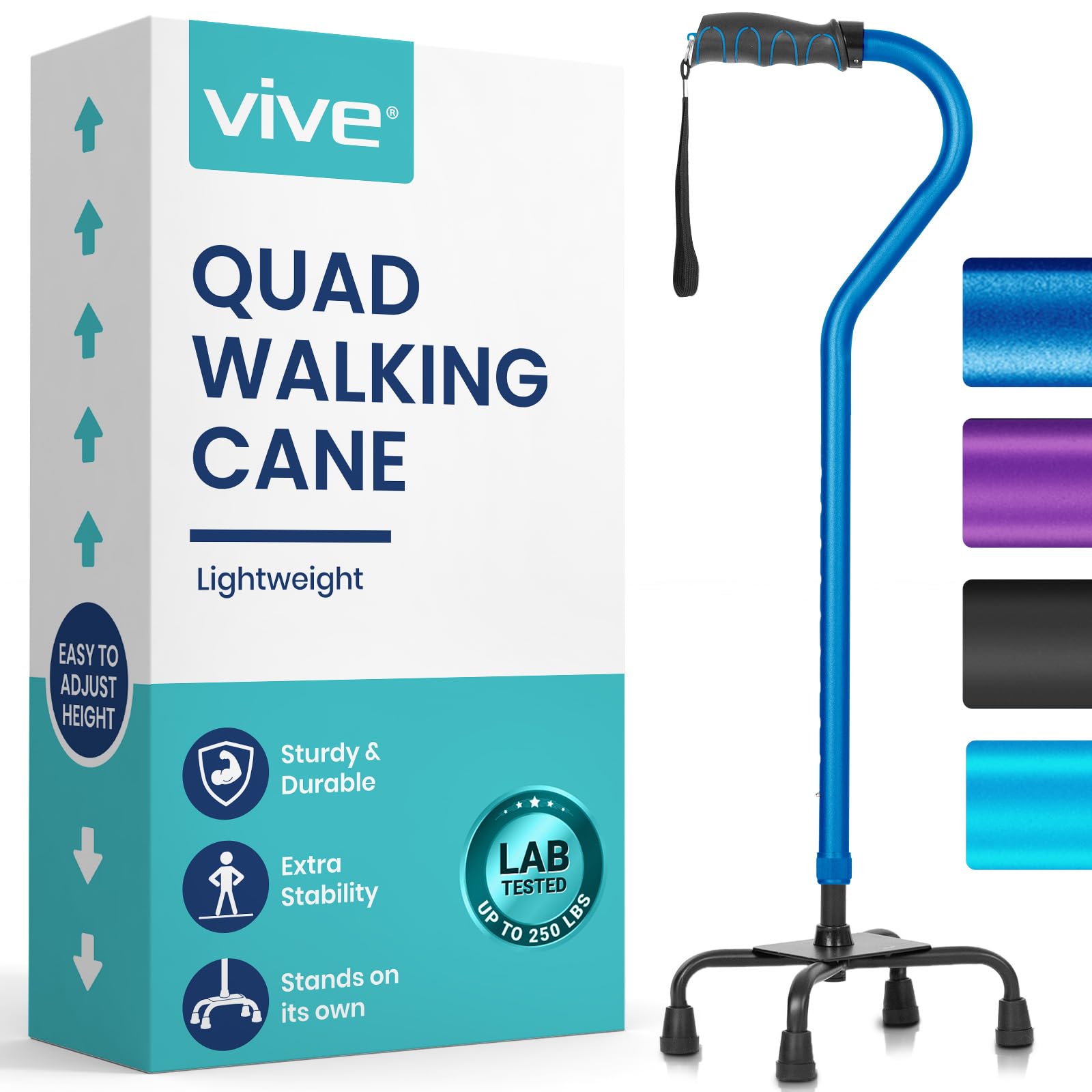 Vive Quad Cane - Walking Stick for Men and Women - Lightweight Adjustable Staff - Comfortable Right and Left Hand Grip for Stability Support - Four Prong Sturdy Aluminum Travel Aid - 4 Tip Dark Blue