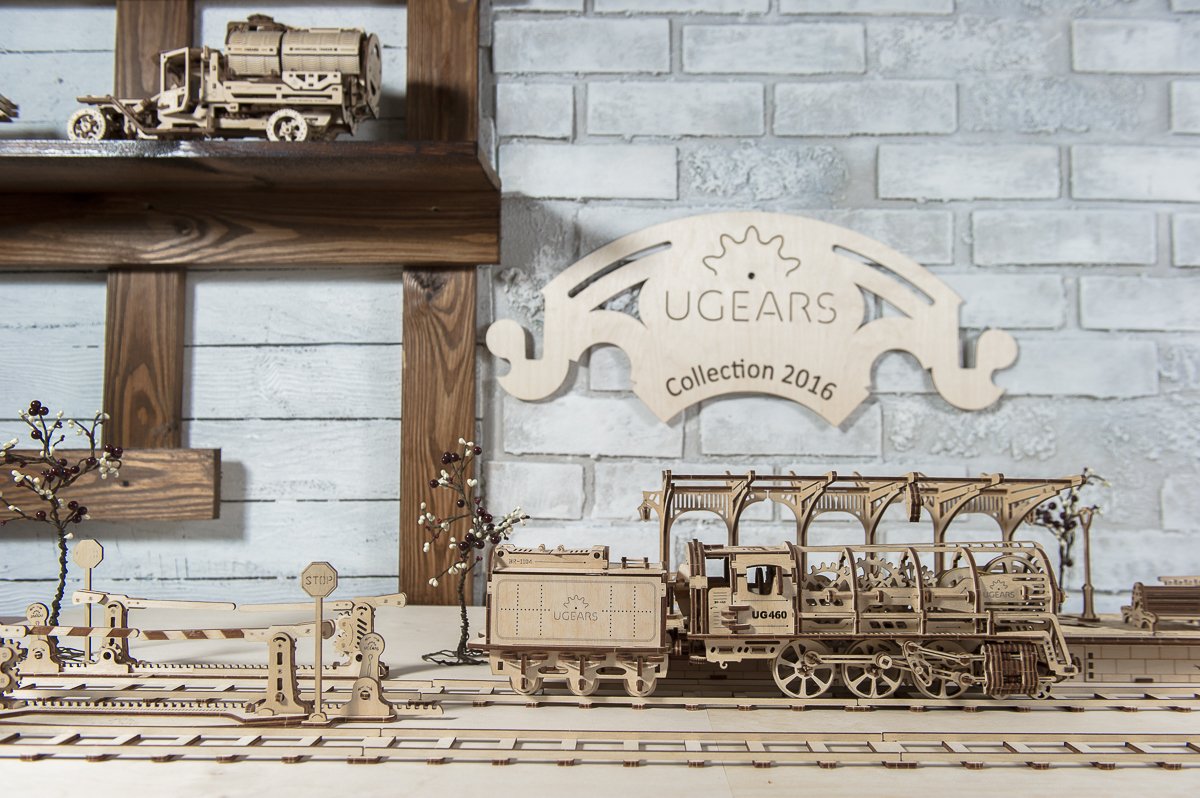 Ugears Combo Offer 3 in 1 – Locomotive with Tender+Railway Platform+Set of Rails with Crossing | Steam Engine Train Models to Build | STEM Learning DIY Kits for Adults - Wooden Train Puzzles for Kids