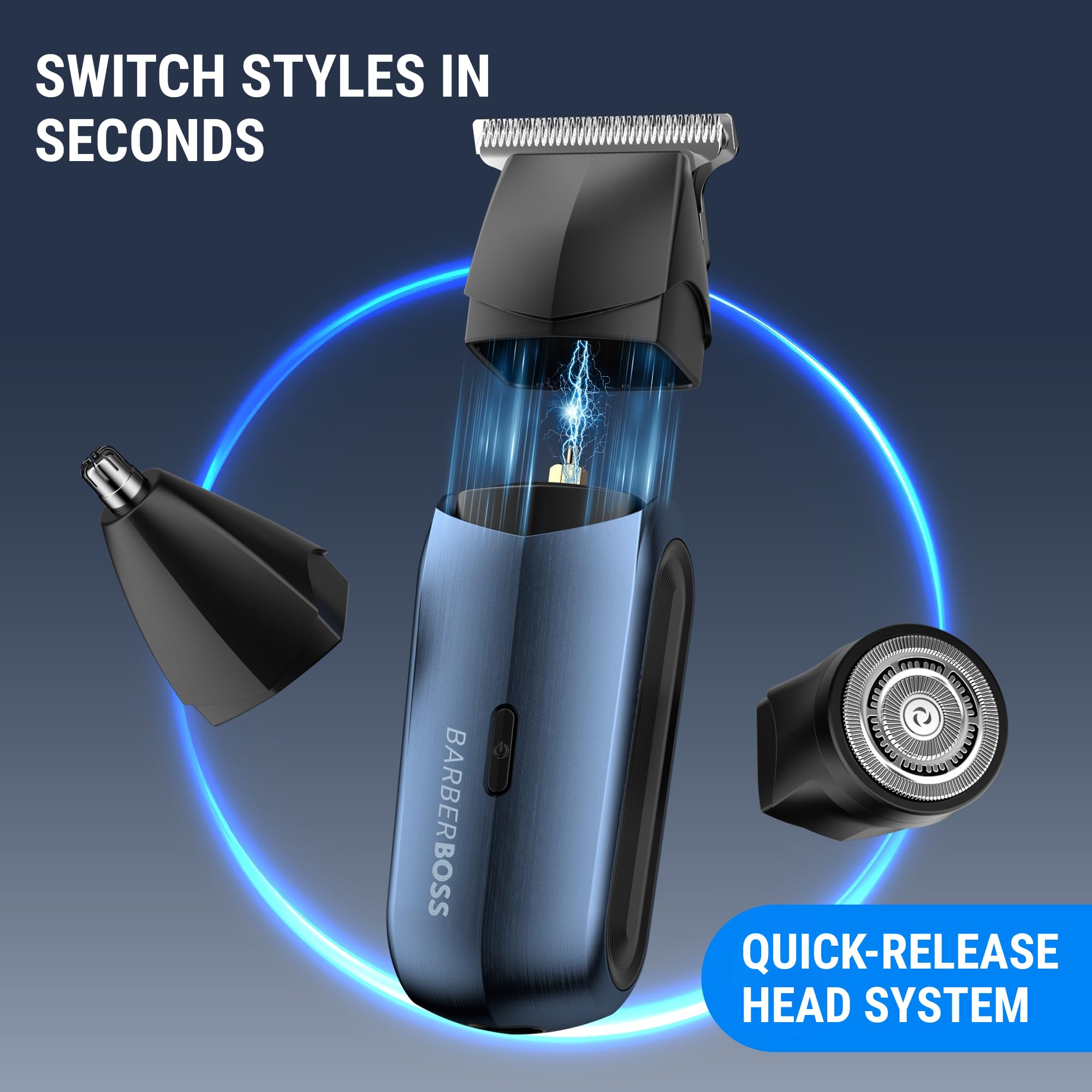 BarberBoss Rasoir électrique 3 en 1 pour homme, kit de tondeuse de voyage pour homme, tondeuse à barbe et à cheveux, tondeuse nez et oreille (Bleu Marine Métallisé)