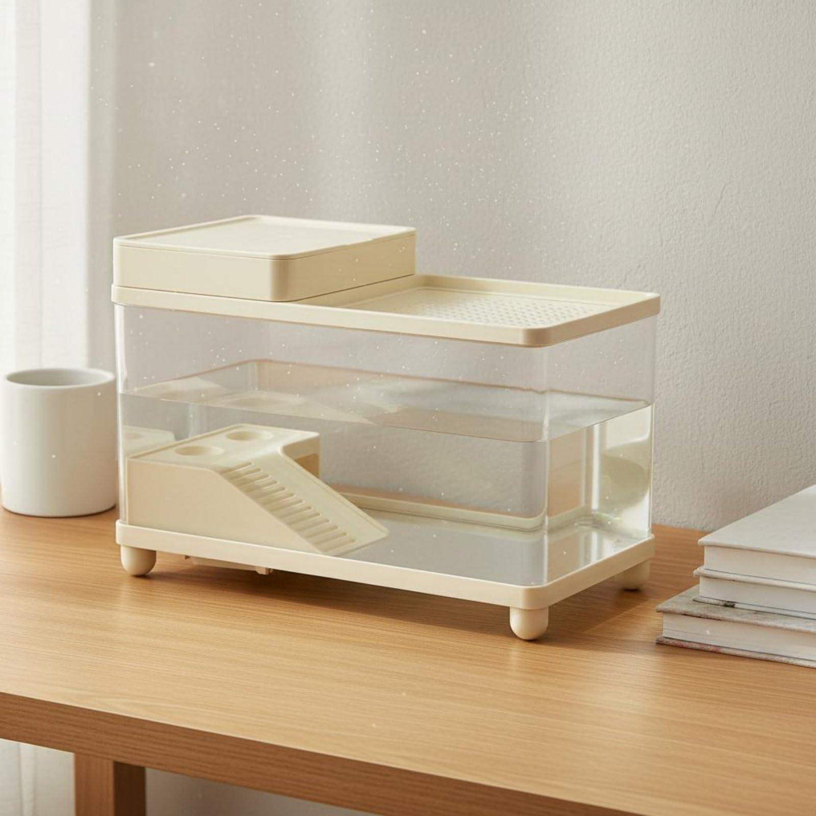 Gralara Terrario para Reptiles Acuario para Tortugas Vivario Jaula con Transparente y Tapa con Orificios Rampa Antideslizante y Área de Caja para Accesorios, Amarillo
