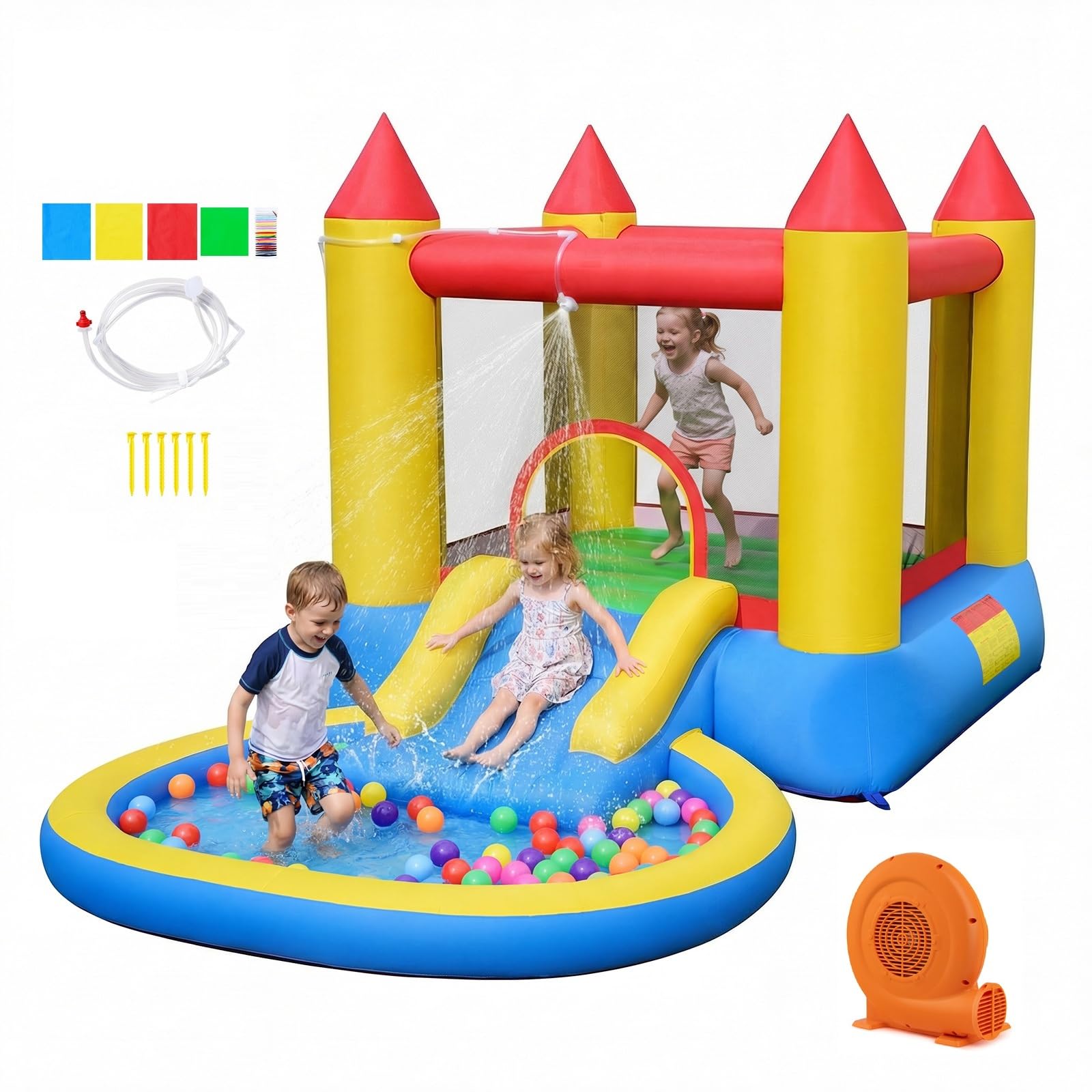 Costzon Inflatable Water Slide Bounce House with Ball Pit & Splash Pool, Bouncy Jump Castle for Kids Backyard Fun with GFCI 550w Blower, Blow up Water