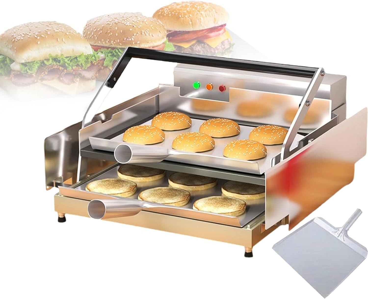 Commercial Electric Hamburger Toaster,800/2000W Automatic Double Layer Bake Hamburger Machine,Electric Bread Toaster w/Shovel,0~3min Timer and 50-300℃ Adjustable Temperature,for Bakeries(Large)