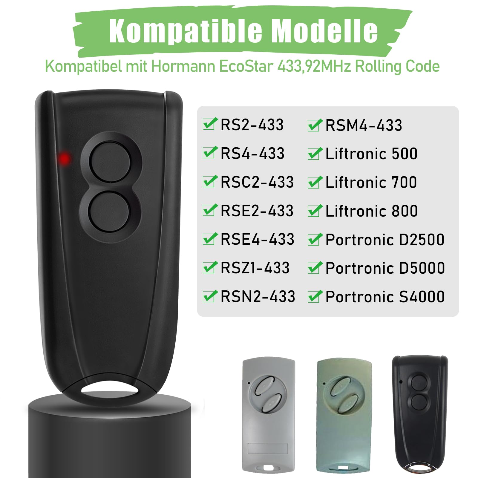 433,92 MHz Apri Porta Garage Compatibile Con Hörmann Ecostar RSE2, RSC2, Telecomando Per Porta Del Garage, 2 Trasmettitori Manuali Compatibili Con Hormann Liftronic 500/700/800 E Portronic
