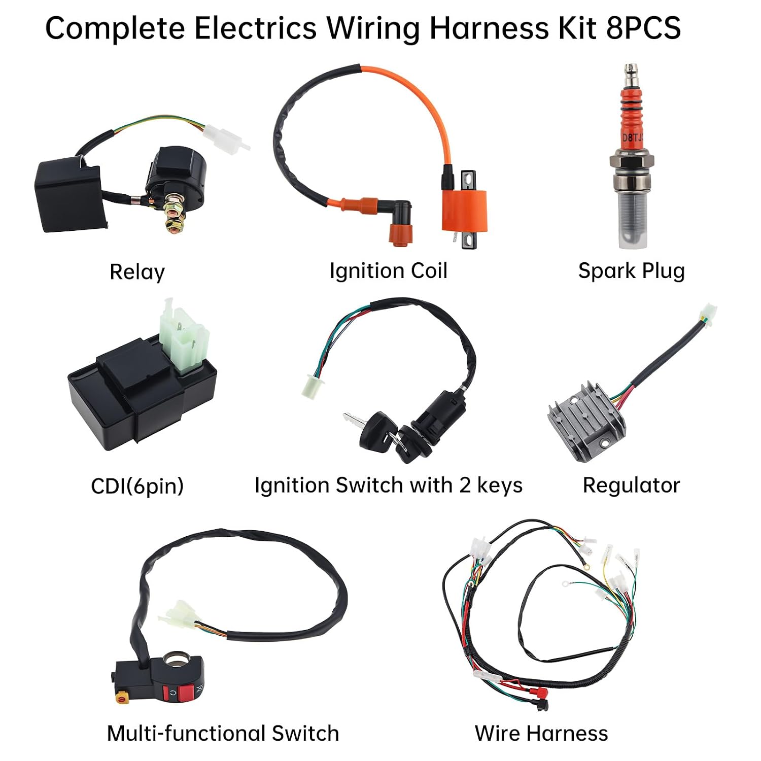 Windance 8PCS Complete Electrical Wiring Harness Kit with CDI Solenoid Relay Rectifier Ignition Switch Ignition Coil for Most Chinese 4 Stroke Motorcycle ATV Quad Dirt Bike Go Kart 150CC 200CC 250CC