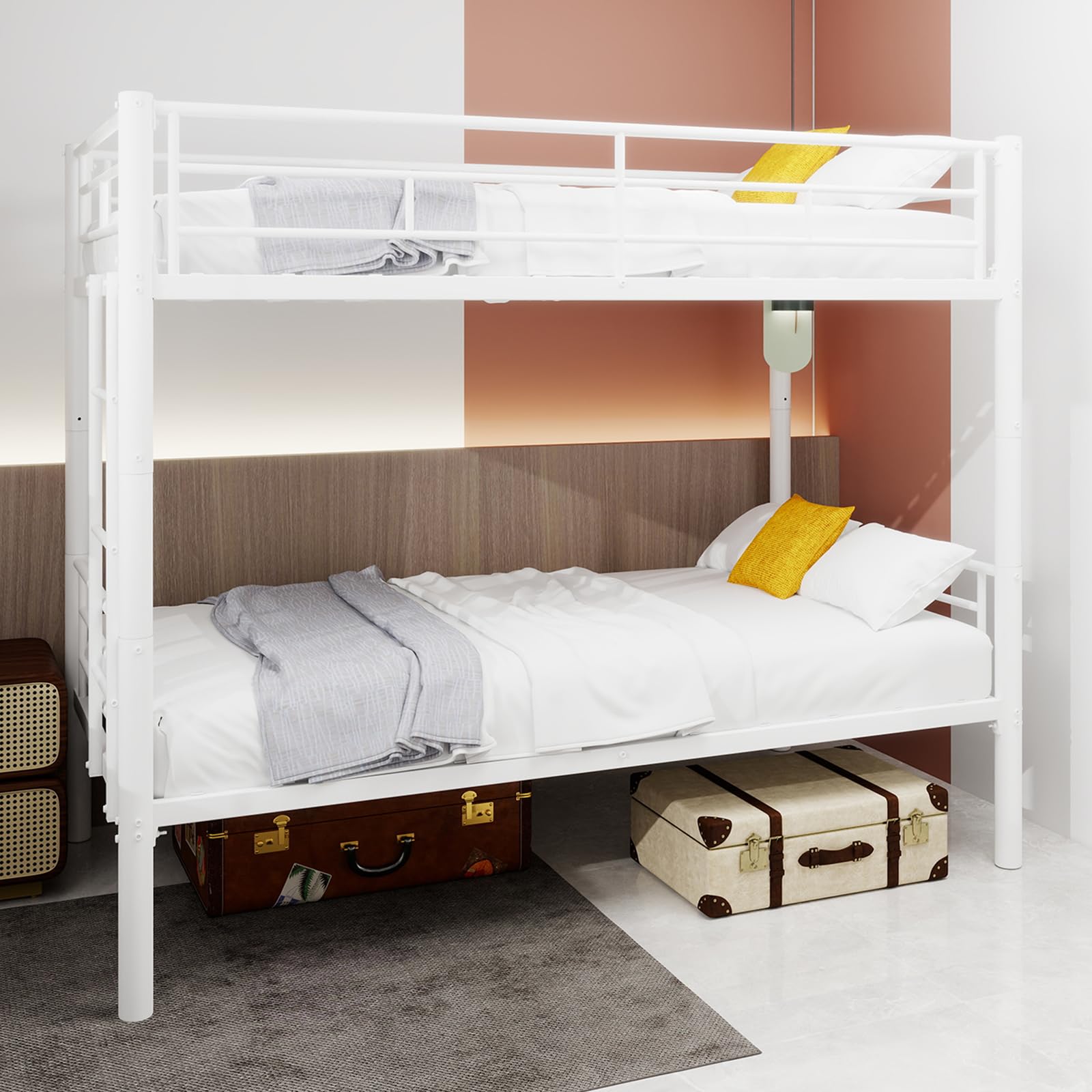 Cama alta para niños, litera de metal, convertible, 2 camas, no requiere caja de muelles, con escalera y barandilla de longitud completa, para adolescentes y adultos (blanco A, 90 x 190 cm)