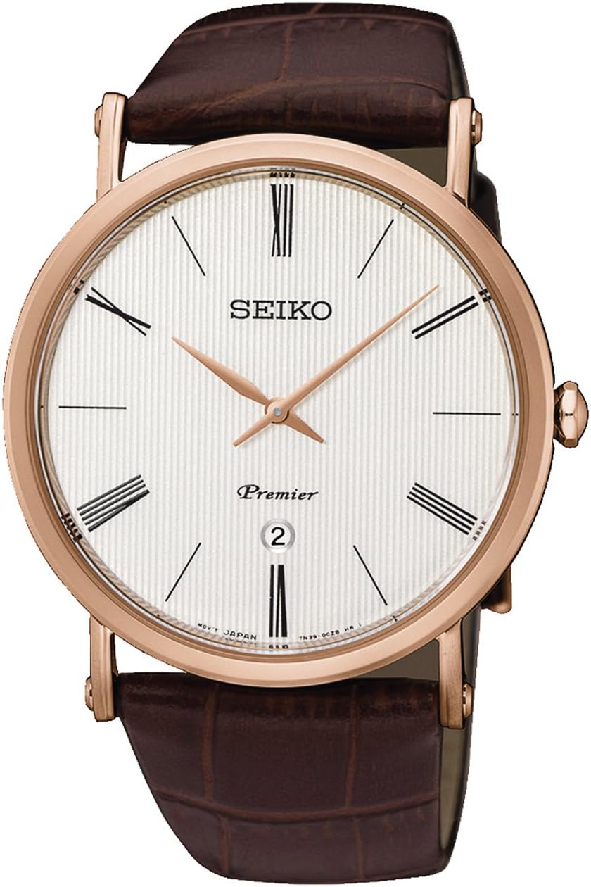 Premier Mens Analog Japanese Quartz Watch with Leather Bracelet SKP398P1, Brown, Large, Quartz Watch