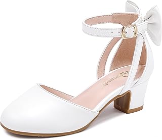 Girls Heels Dress Shoes Flower Girl Pumps with Cute Bow Closed Toe High Heels Adjustable Buckles Wedding Party