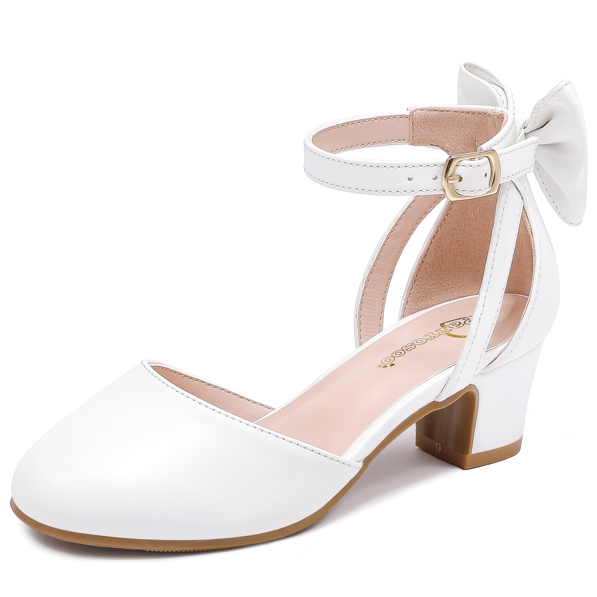Girls Heels Dress Shoes Flower Girl Pumps with Cute Bow Closed Toe