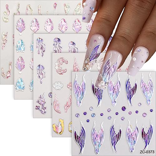 Calcomanías de uñas de gel suave de cristal 5D, calcomanías de uñas en relieve, impermeables, arte de uñas de bricolaje, 5 hojas, morado, sirena,