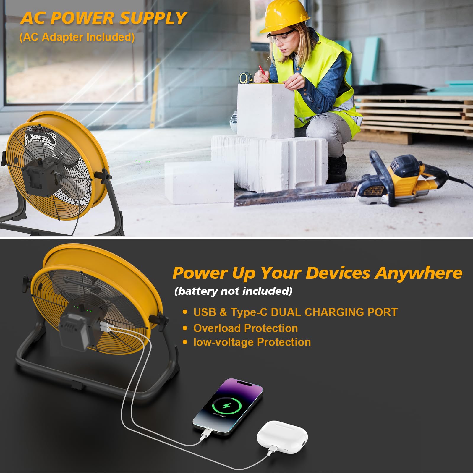 Akku Bodenventilator kompatibel mit Dewalt 18/20V Akku, 12 Zoll Kabelloser Ventilator Leise, Netzteil, USB Ladeanschluss, Stufenlos Regelbar für Baustelle, Werkstatt, Camping (ohne Akku)