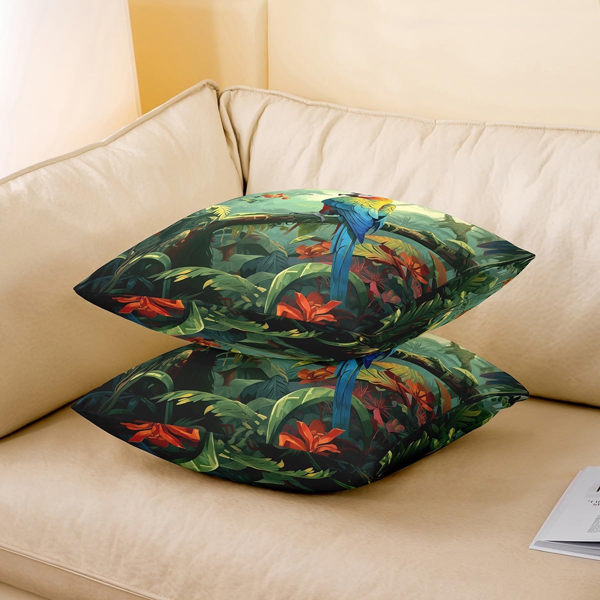 Erosebridal Kids 3D Parrot Cushion Covers 24x24 Inch,Rainbow Bird Throw Pillow Covers,Green Palm Leaf Tree Pillow Covers,Cute Funny Animal Decorative Accent Pillow Cases for Sofa Couch,Bedroom Decor