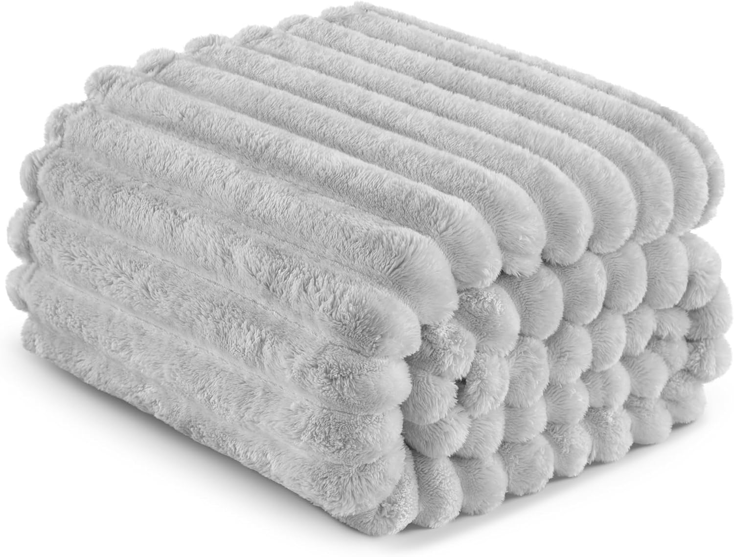 Exclusivo Mezcla California King Size Flannel Fleece Blanket, Super Soft Striped Jacquard Bed Oversized Blanket, Lightweight Fuzzy Cozy for All Seasons, 120x120 Inches, Light Grey