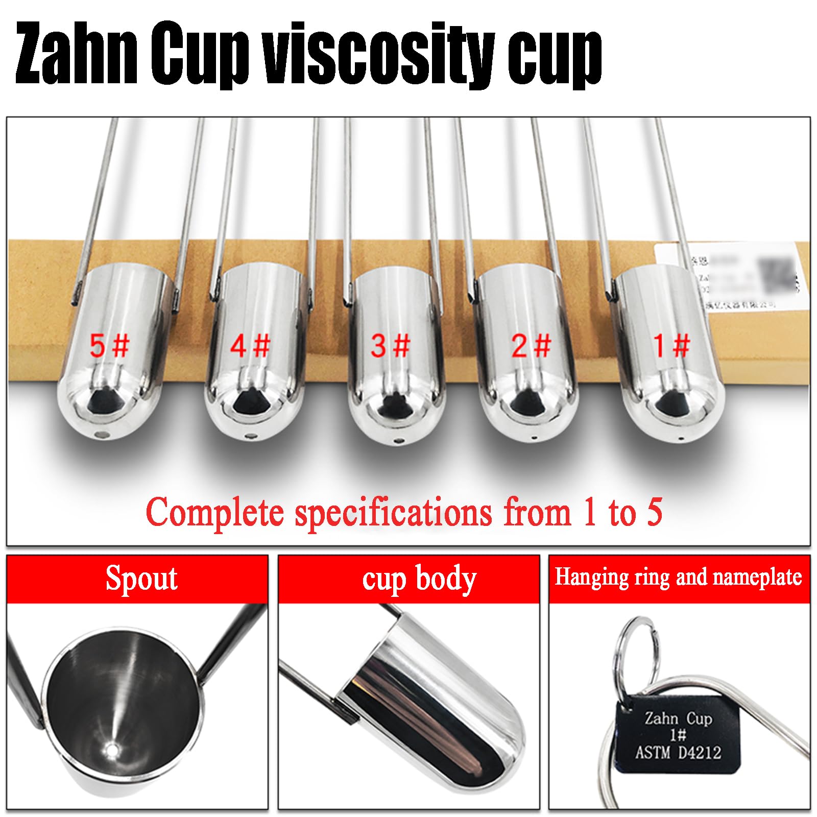 Vaso De Viscosidad De Inmersión Zahn Cup, Tipo Inmersión N.º 1 a N.º 5, 44 Ml, Vaso De Flujo De Viscosímetro De Acero Inoxidable con Cronómetro, Tiempo De Salida De 20 a 80 S, para Pintura
