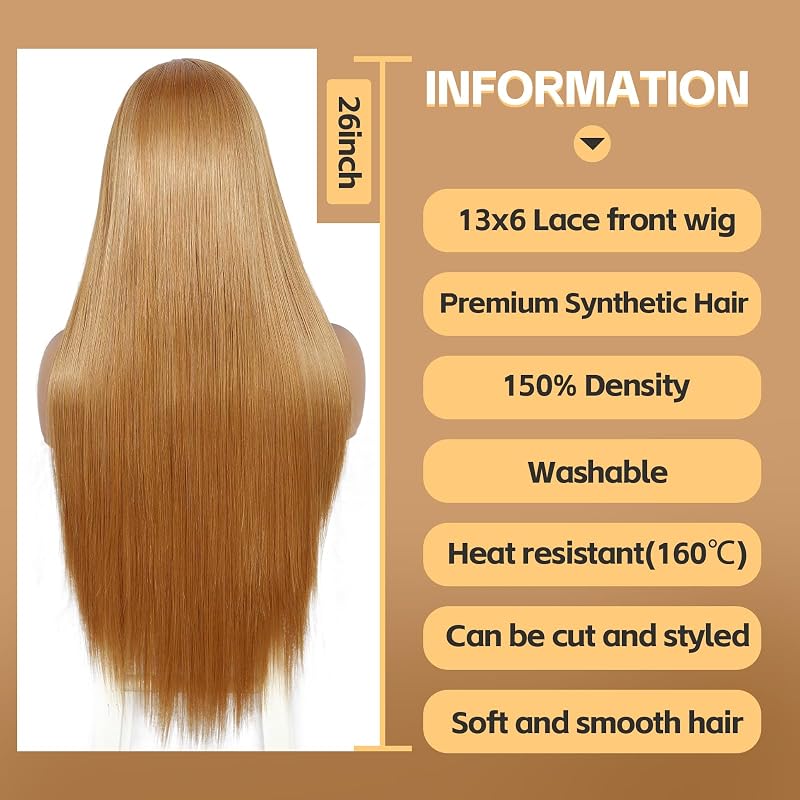 Sapphirewigs Hosszú Egyenes Paróka - Sárgásbarna, 66 cm, Hőálló Szintetikus Haj, 13x6 Csipke Előrész, 150% Dússág, Partikra és Hétköznapi Vi