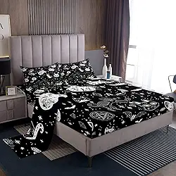 Conjunto de lençóis para cama de esqueleto de gato para crianças, tema de Halloween, conjunto de lençóis de caveira gótica, preto e branco, conjunto de lençóis para decoração de casa galáxia com bolso profundo, lençol de cima liso, tamanho solteiro