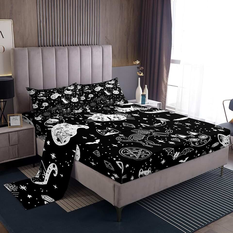Conjunto de lençóis para cama de esqueleto de gato para crianças, tema de Halloween, conjunto de lençóis de caveira gótica, preto e branco, conjunto de lençóis para decoração de casa galáxia com bolso profundo, lençol de cima liso, tamanho solteiro