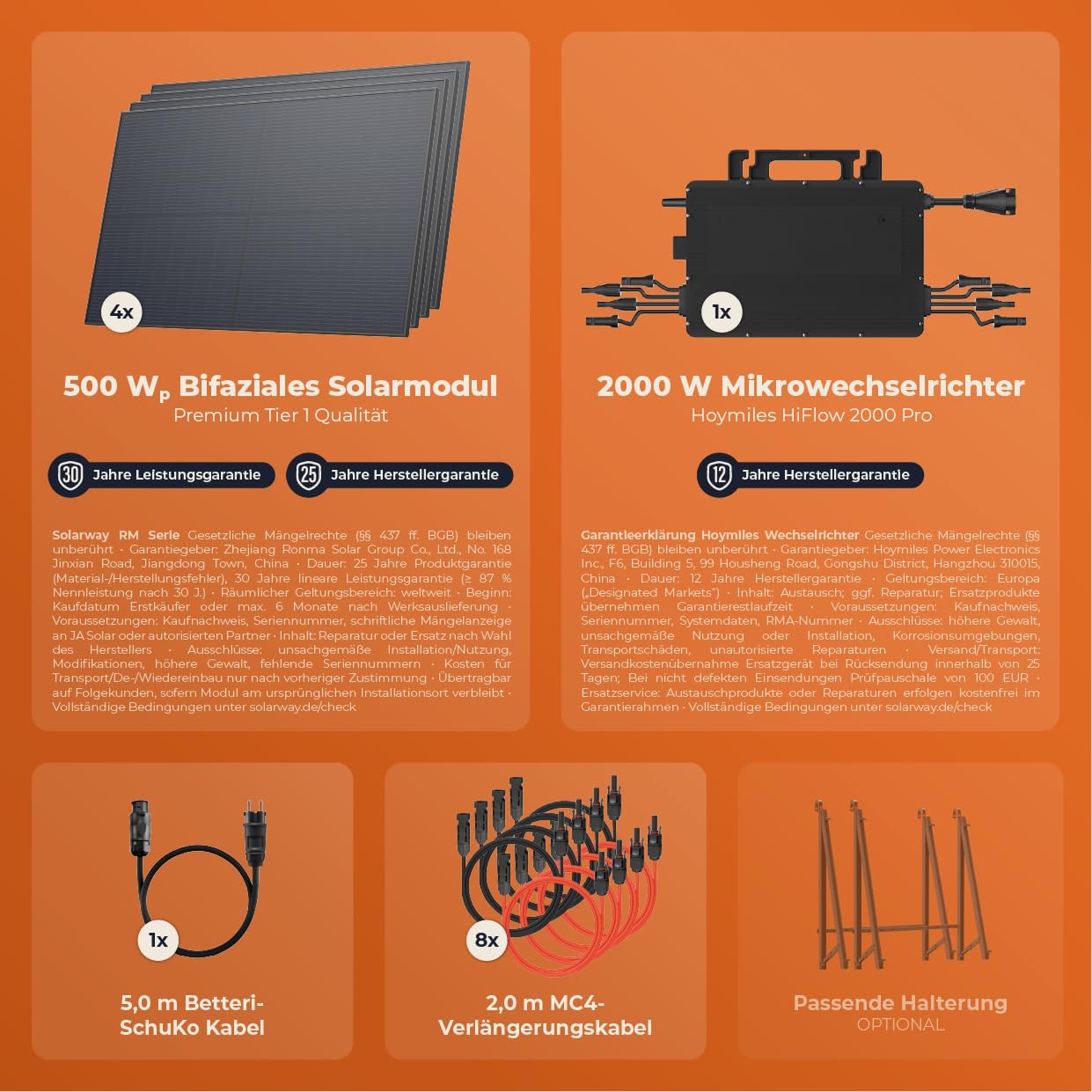 Solarway Kit di alimentazione per balcone 2000W completo con presa - Uscita regolabile 600/800/2000W - 4 moduli JaSolar da 500W, inverter con APP e WiFi, Plug&Play