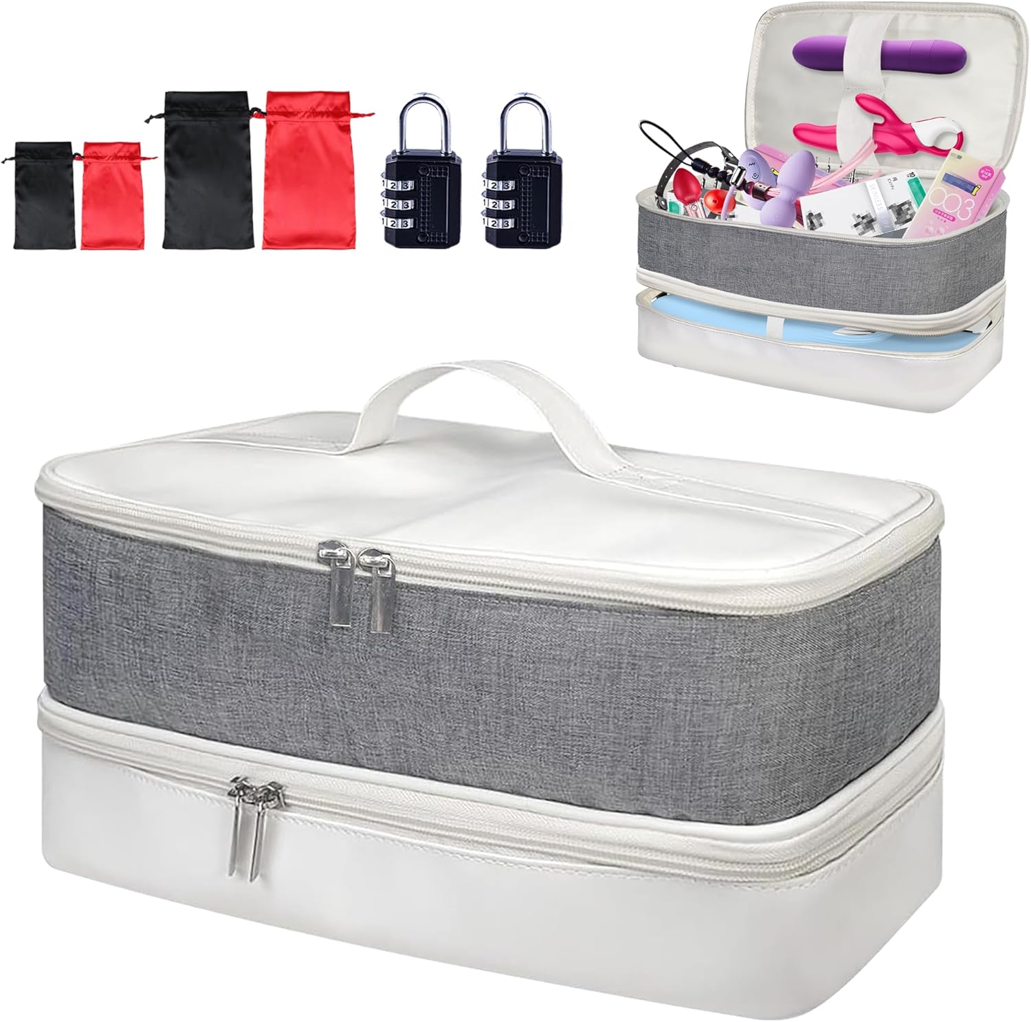 White Discreet Bag for Toys Lockable Adult Sex Storage Locking Bag Sex Toy Storage Bag 14" 2 Tier Portable Ditty Travel Box Discreet Lockable sex Toy Organizer Case with 4 Drawstring Bags