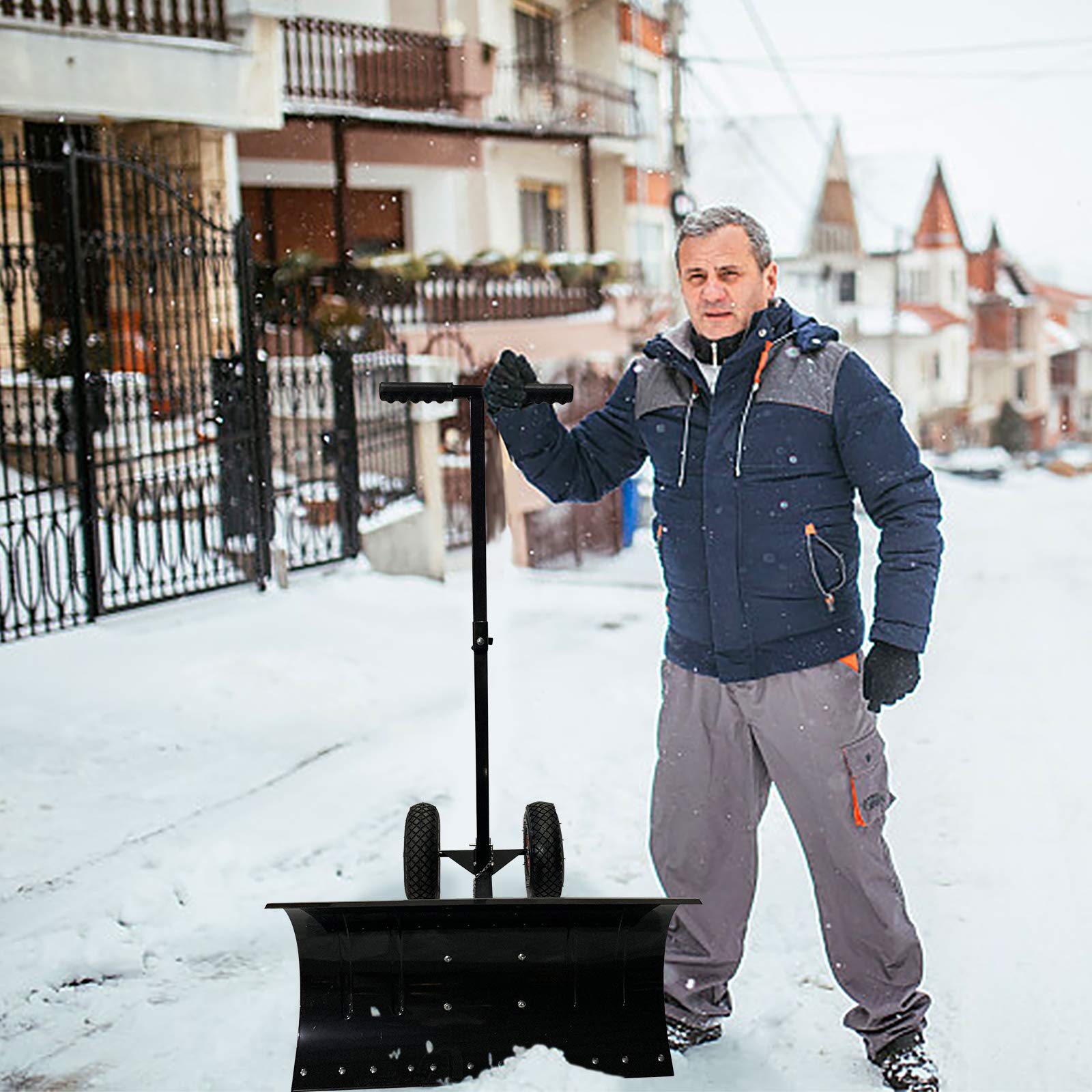 XMTECH Schneeschaufel mit Rädern Höhenverstellbar 5-Fach Schneeschieber Schneeräumen Schneeschild 74cm extra-Breiten Kunststoffblatt