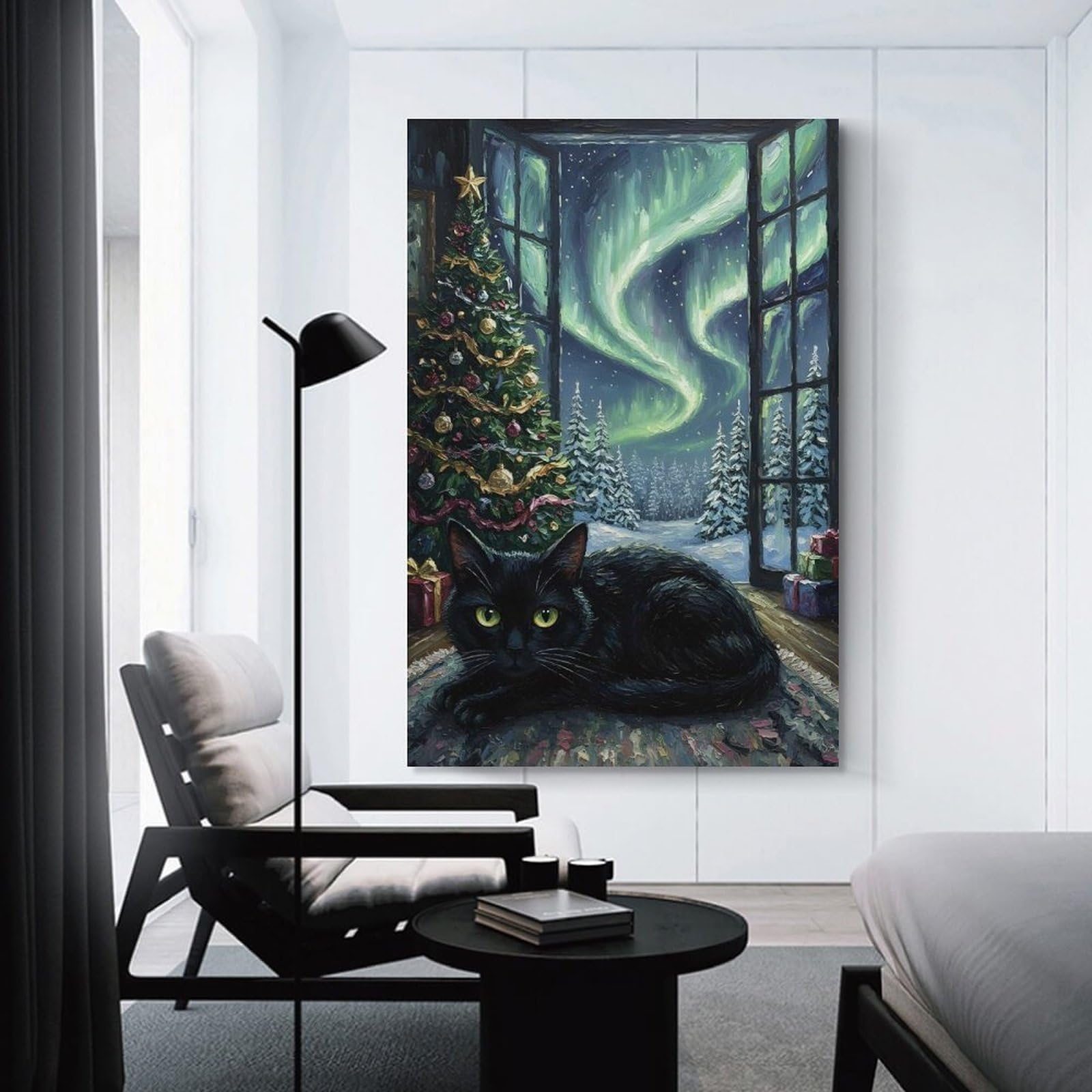 Junmoney Unframe-Style-16 Black Cat Christmas Aurora Painting Canvas Wall Decor, 20X30inch(50X75cm), For Wall Displays, Bedrooms Or Room Updates, Wall Decor Suited To Curated Displays