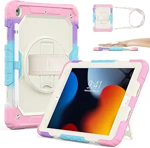 SIBEITU Case Compatible with iPad 9th/8th/7th Generation with Screen Protector Pen Holder, iPad Case 10.2 Inch, Heavy Duty Protection Cover W/Stand Hand Shoulder Strap for iPad A2602 A2197