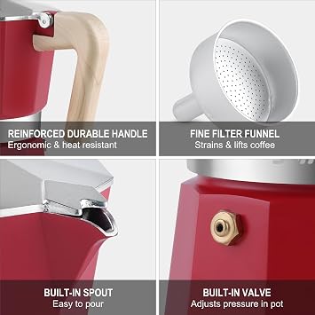 Sivaphe Stovetop Coffee Maker 150ml/3 Cups, Aluminium Moka Pot Italian Espresso Maker with Heat-Resistant Handle, Red