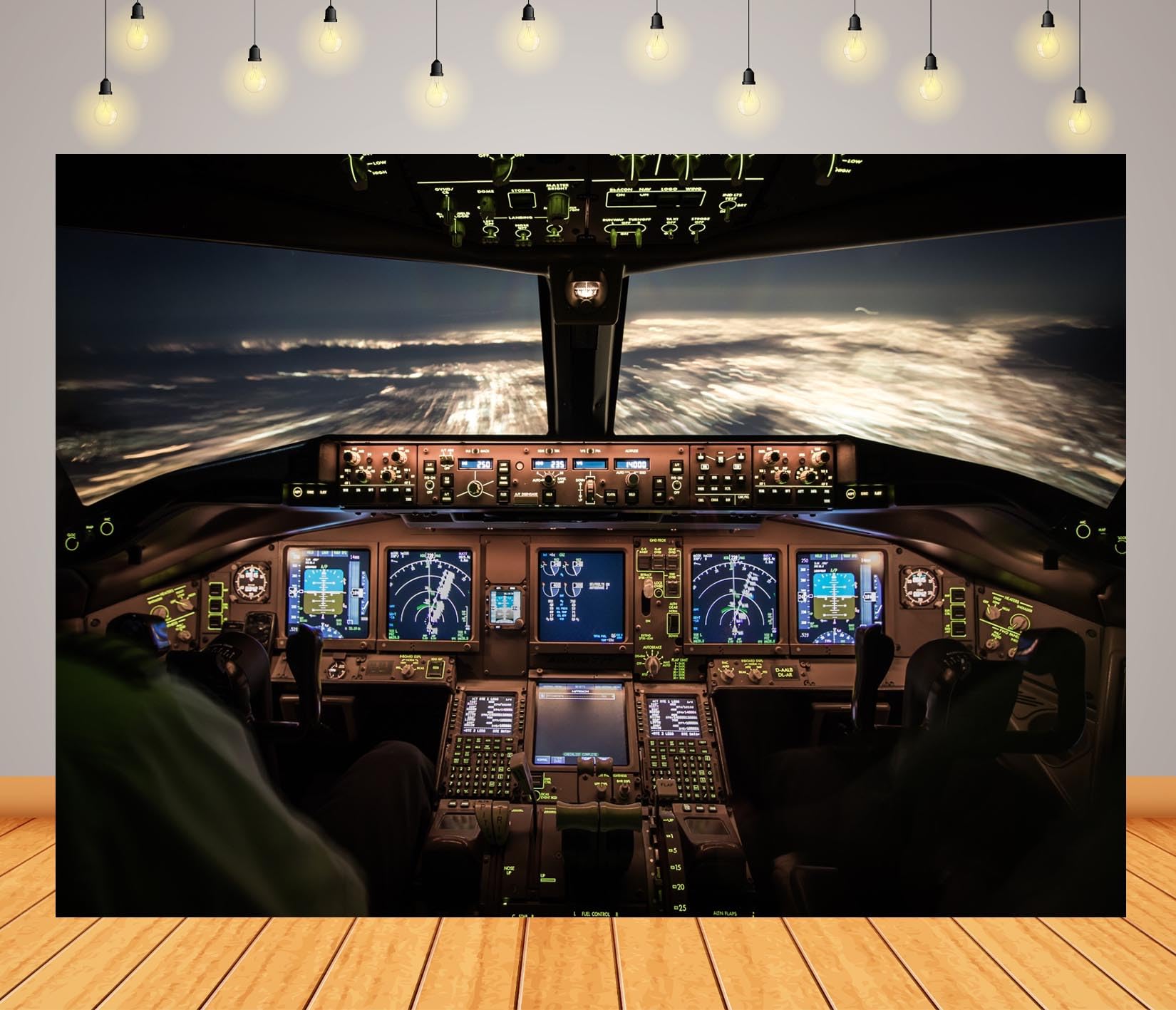 BELECO 5.2x3m Fabric Cabina Aereo Notturna Sfondo Fotografico | Scenario Realistico Della Cabina Di Pilotaggio Con Comandi Illuminati E Cielo Notturno Per Feste E Ritratti