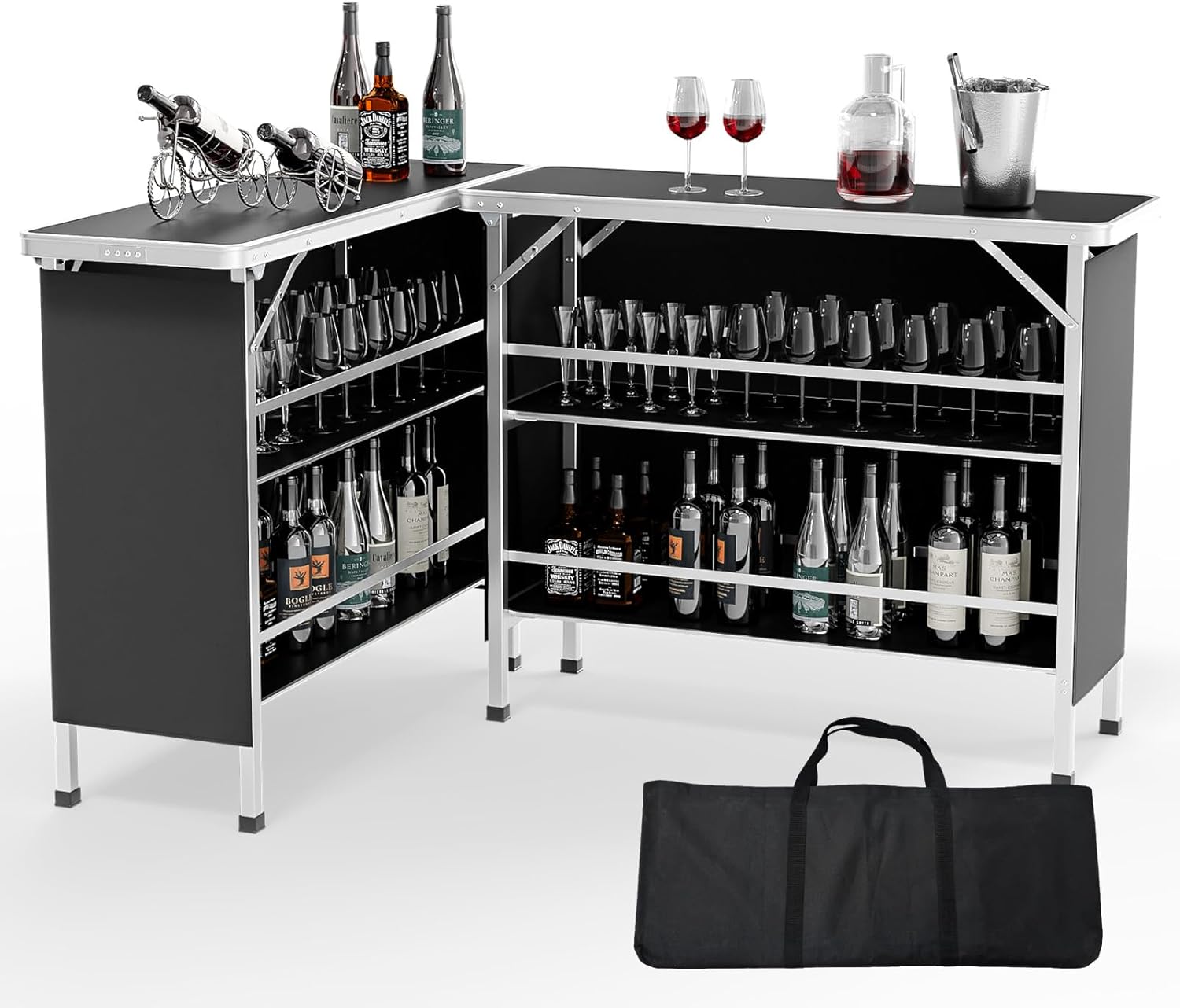 VINGLI 43" Portable Bar Table, 3-Tier Shelves, Carry Bag，Mobile Bar Table for Events, Party, Camping, Picnic, Tradeshow, Outdoor & Indoor with Black Skirt(2, 43") (2) (Black-2P, 43")