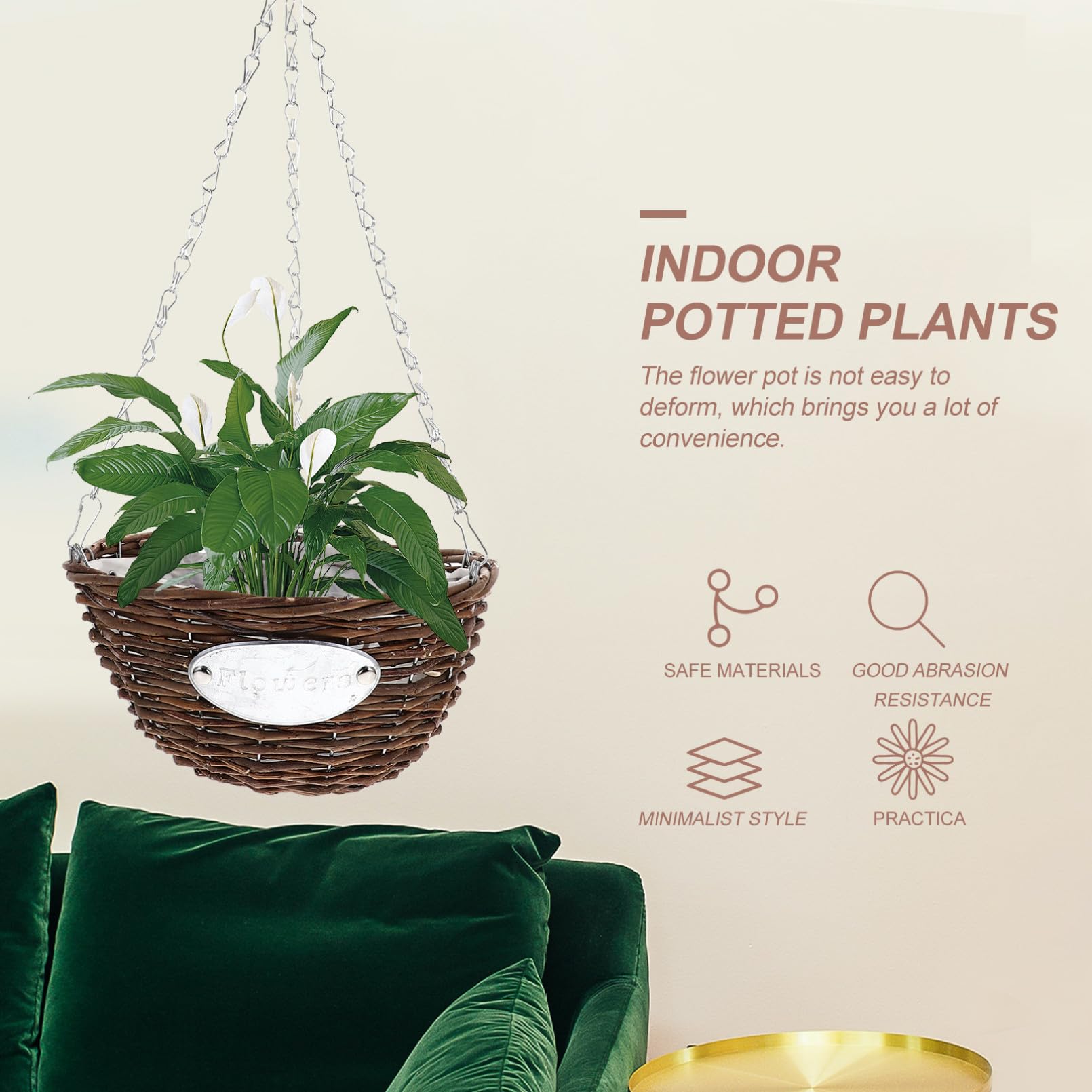 HOMSFOU 2 Pezzi Vasi da Appendere in Rattan e Metallo Marrone per Piante, Cesti Sospesi Decorativi per Balcone e Giardino Esterno