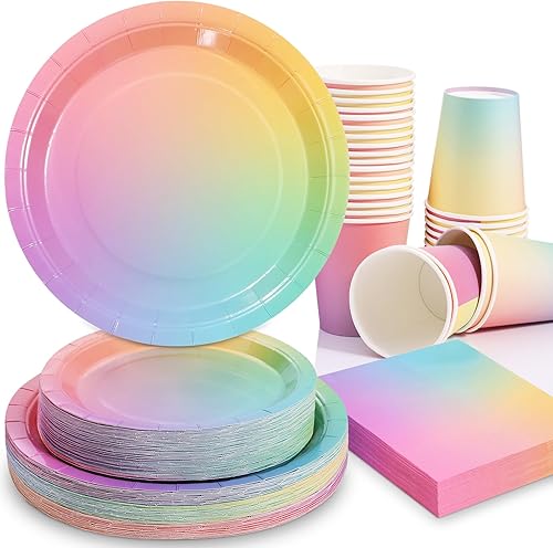 200 platos pastel y servilletas suministros para fiesta, platos de fiesta de arcoíris pastel, platos de papel pastel pastel decoraciones de fiesta