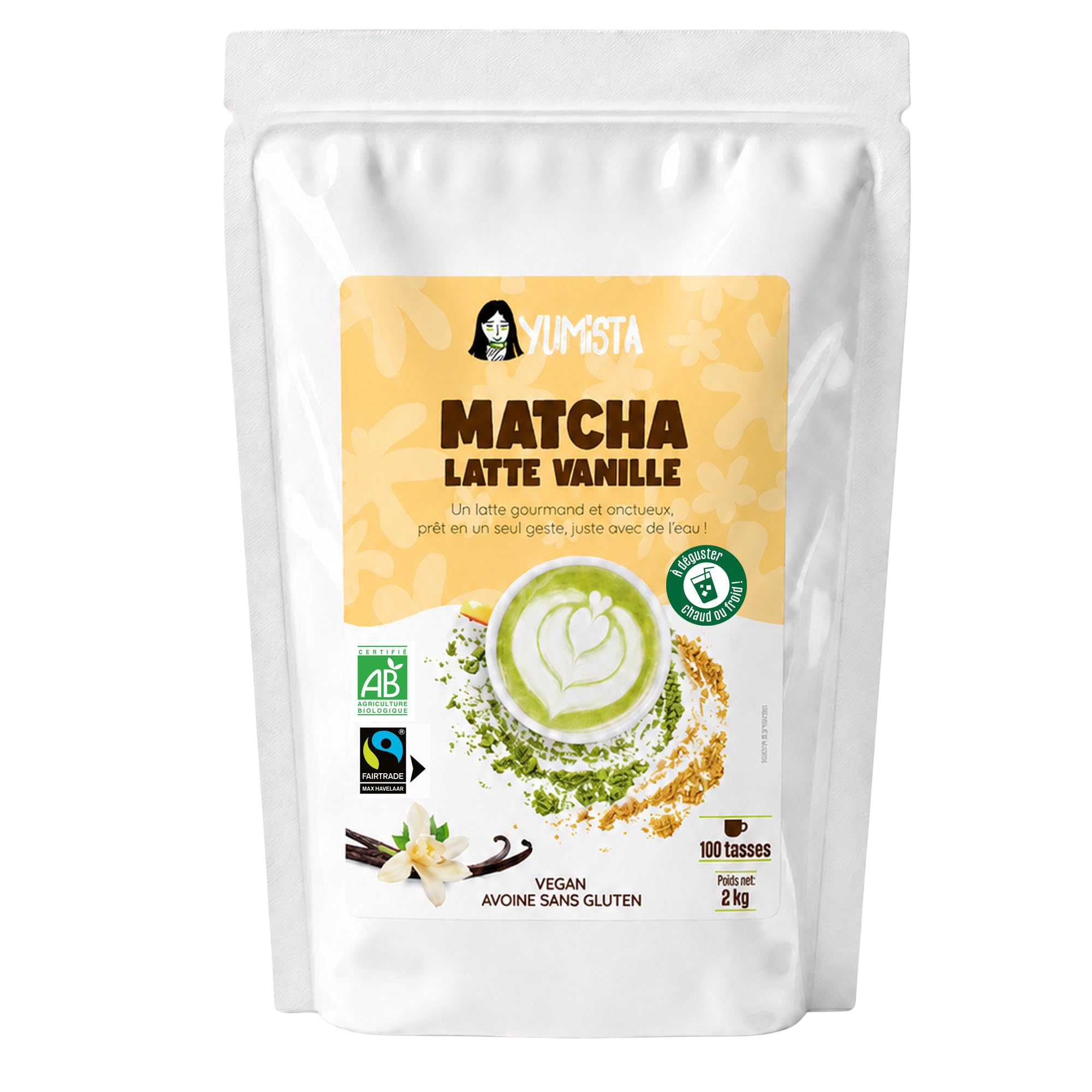 YUMISTA - Matcha Latte Vanille Instantané Bio - Format 2 kg Thé Matcha Poudre et Lait d'Avoine Sans Gluten - Thé Vert Matcha Premium en Sachet - Boisson Vegan Onctueuse Rapide Chaude ou Glacée