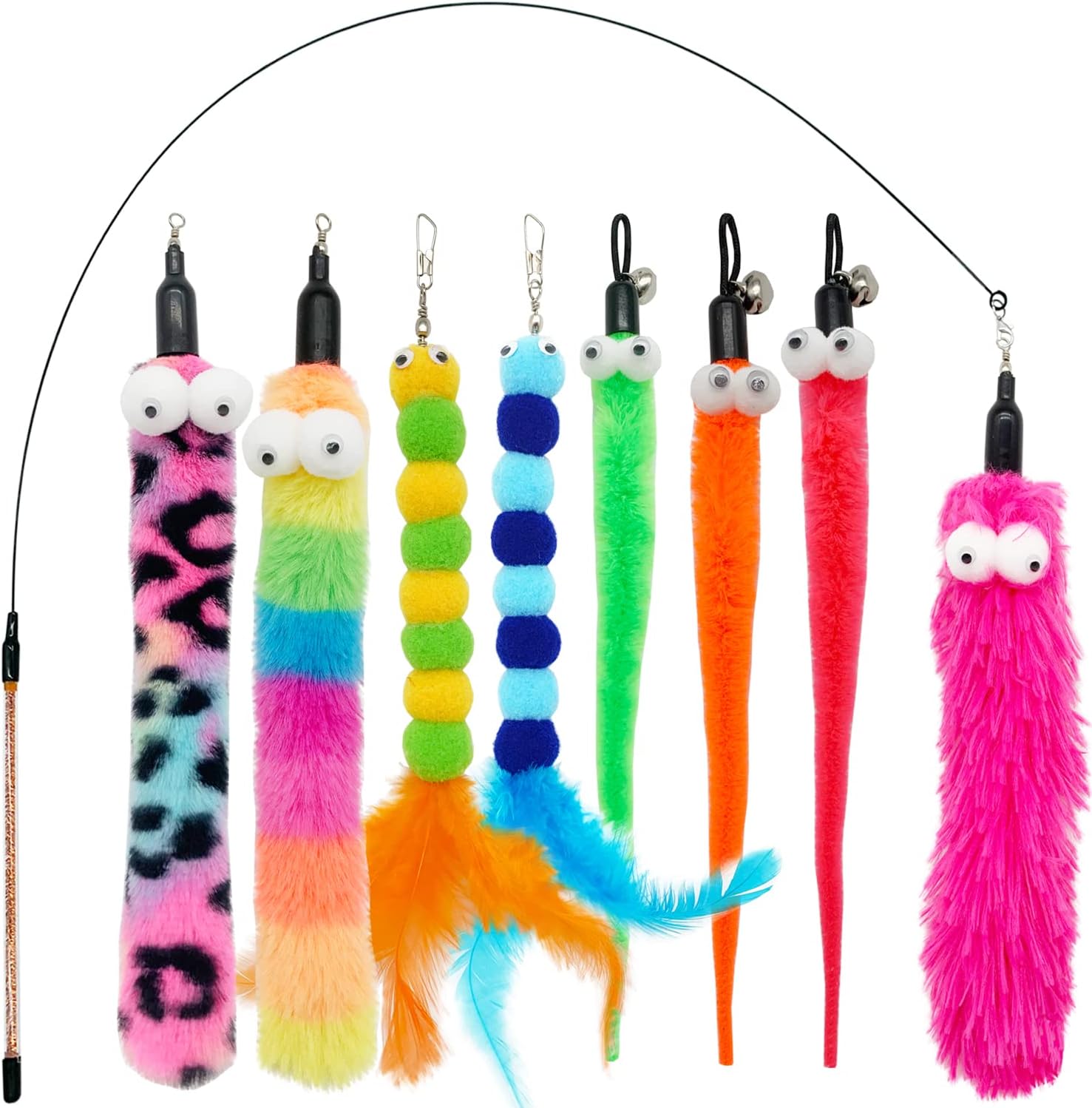 CATENESS Cat Worm Toy Cat Wand Feather Toys, 1 PCS Elasticity Cat Wand Toy and 8 PCS Cat Worms Refills, Interactive Teaser Worm Feather…