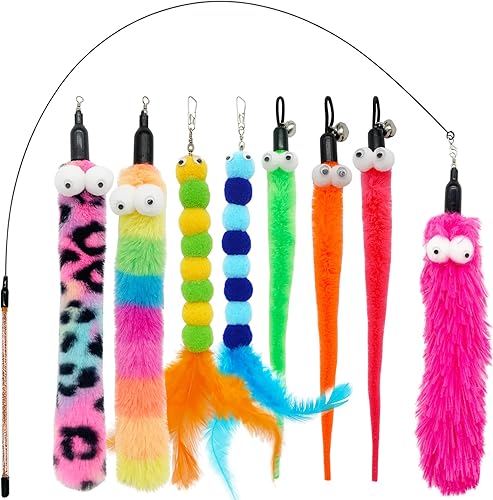 Juguetes de plumas para gatos, 1 varita de juguete elástica para gatos y 8 piezas de repuesto de gusanos de plumas, juguete interactivo para gatos