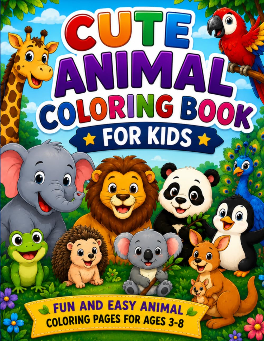 Cute Animal Coloring Book for Kids: Fun and Easy Coloring Pages Featuring Lions, Tigers, Pandas, Parrots, Peacocks, Penguins, Koalas, Sloths, and More