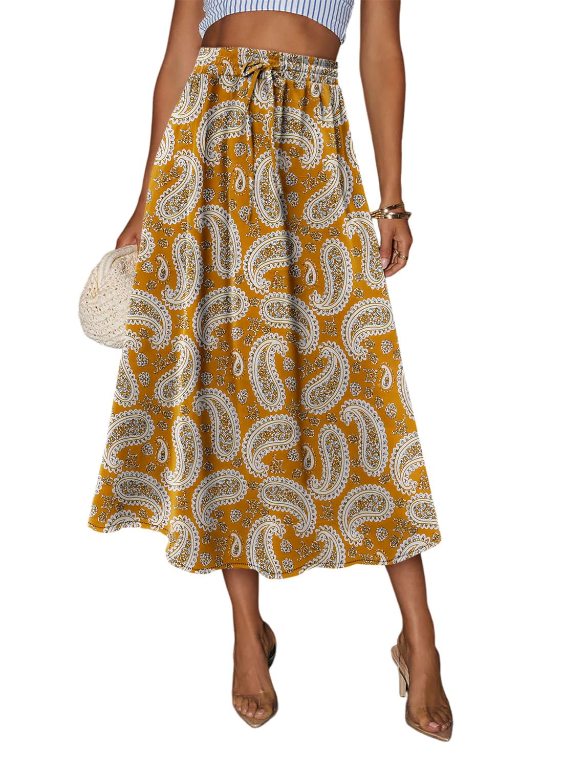 Magritta Women's Print Midi Skirt with Pocket Elastic High Waist 2025 Trendy A-Line Bohe Leopardr Swing Skirts for Women