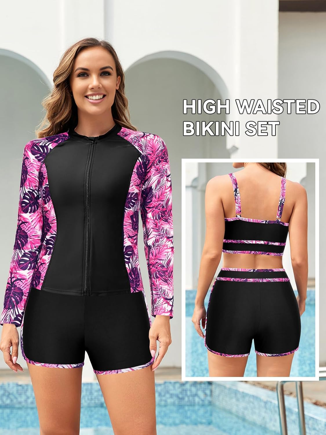 SHEKINI Women Three Piece Rash Guard Long Sleeve Swim Shirts with Boyshorts and Bra Swimsuit Zip Up Surfing Bathing Suit - Image 5