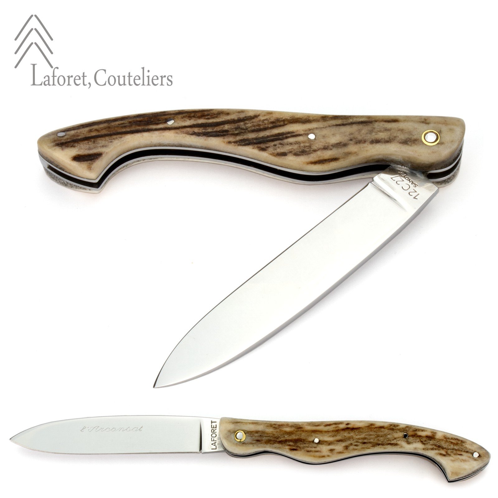 Laforet Couteliers ARCONSAT Taschenmesser – 12 Cm Griff Aus Rinderknochen, 9,5 Cm Klinge Aus 12C27 Stahl | Französische Handwerkskunst, Inkl. Lederetui