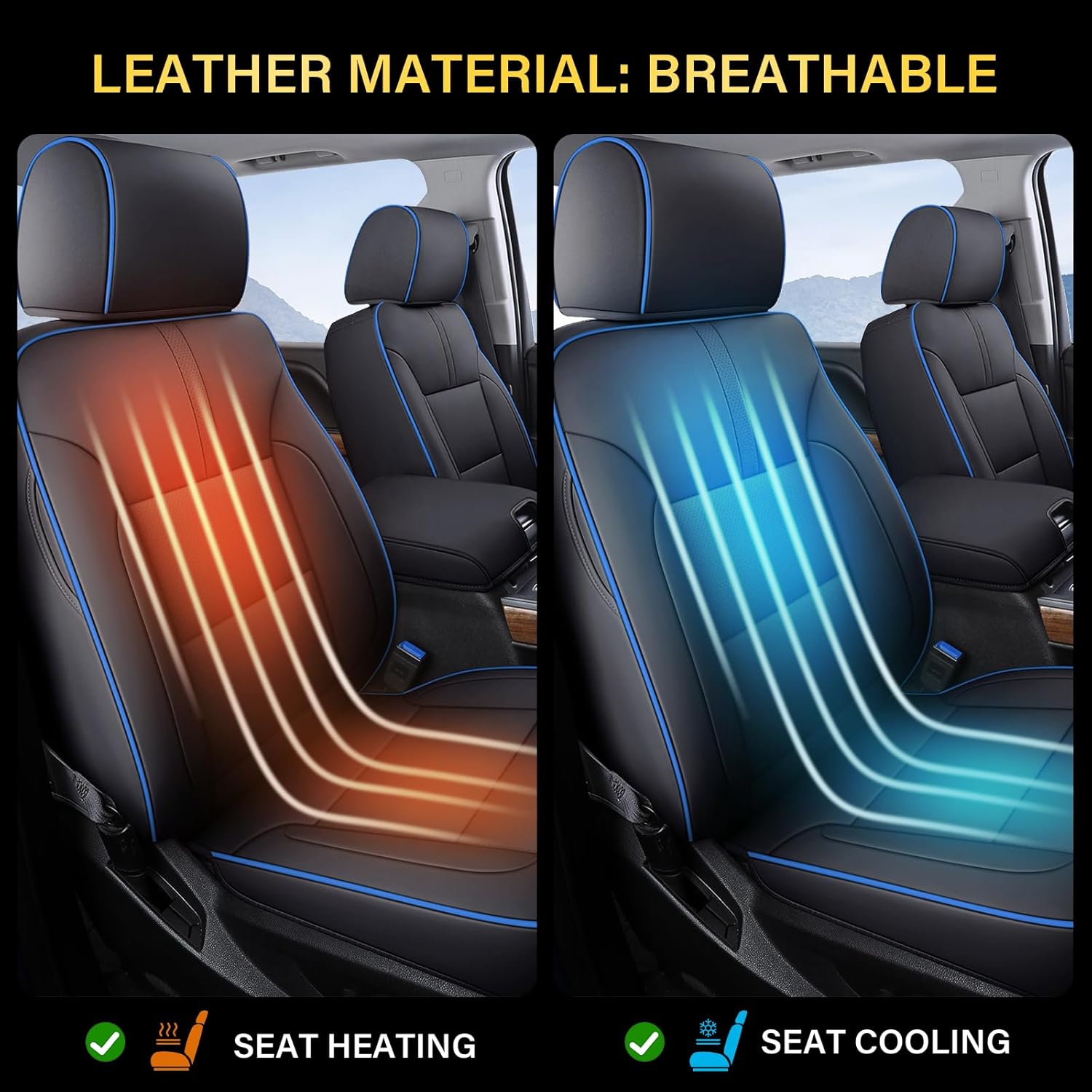 Coverado Chevy Silverado Seat Covers Full Set, Faux Leather Car Seat Covers Fit for 2014-2018 1500, 2015-2019 2500HD 3500HD Chevy Silverado GMC Sierra Crew Double Extended Cab(Blueline)