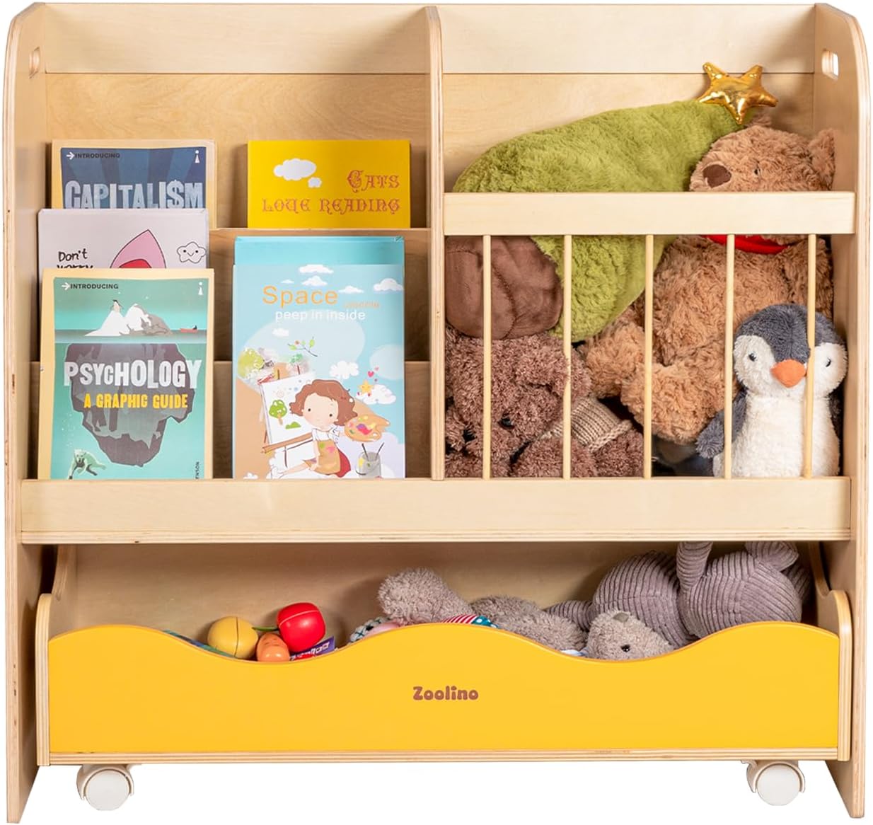 3-in-1 Kids Bookshelf and Toy Storage Organizer, Wooden Book Shelf for Kids Rooms with Large Stuffed Animal Storage & Removable Bins, Space-Saving Nursery Furniture for Toddlers, Natural