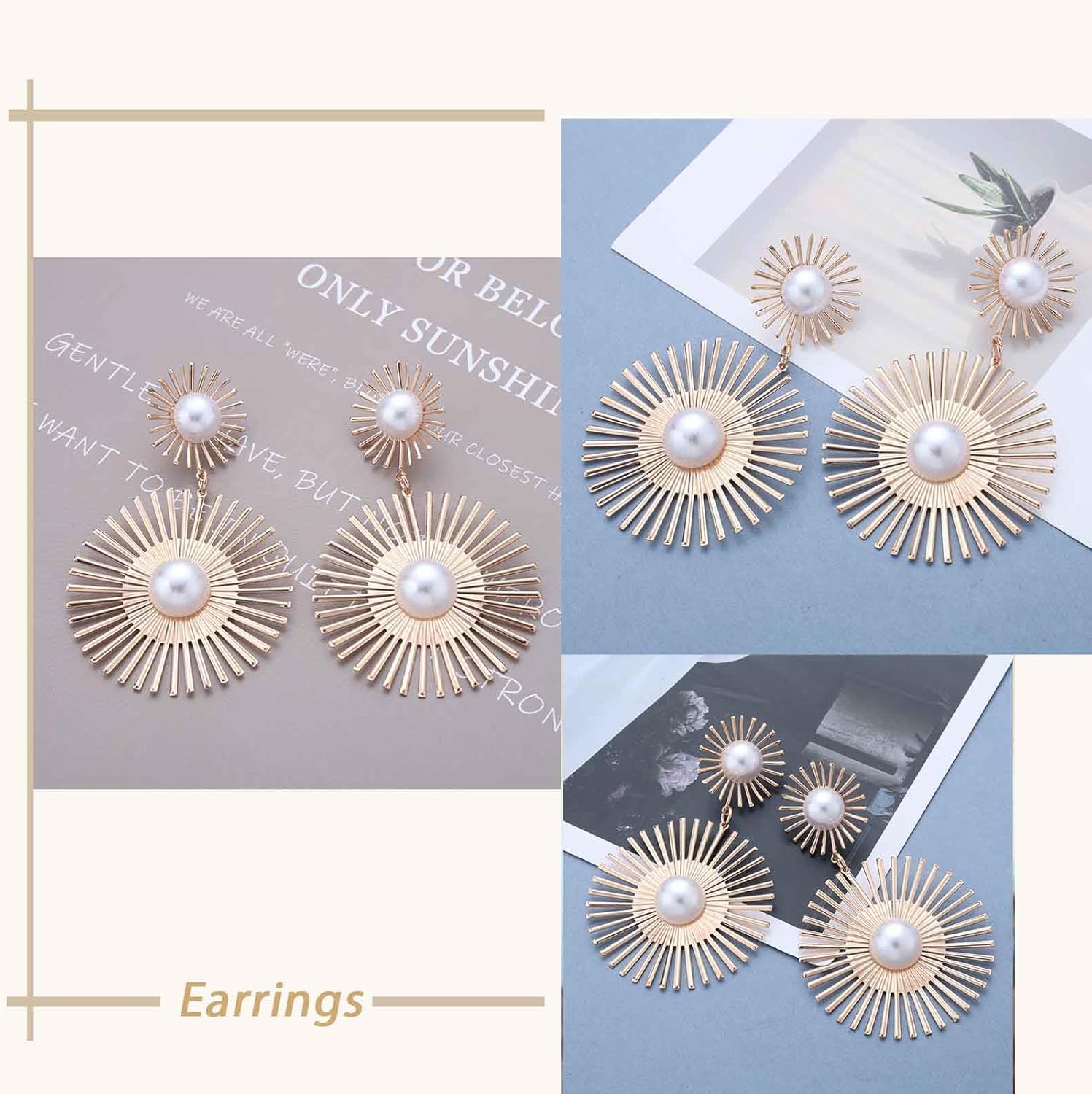 Boho Large Sunburst Pearl Earrings Punk Exaggerated Sun Dangle Earrings Gold Pearl Studs Geometric Statement Sun Earring Jewelry for Women - Image 4