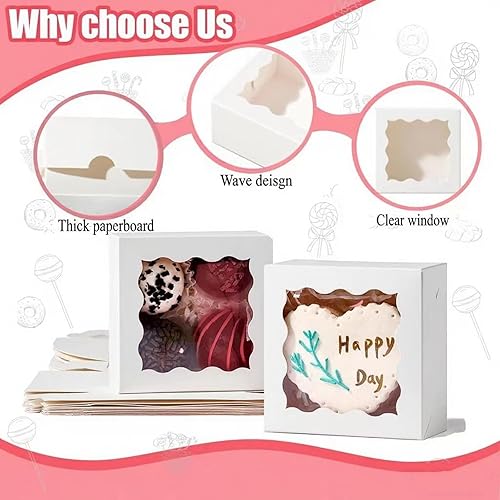 Miniatura 4 de RomanticBaking 3 " x 3 " x 1 " 50PCS Cajas de Trufas de Chocolate para 4, Cajas de Galletas Cajas de Panadería Mini con Ventana para Brownie, Jabón,