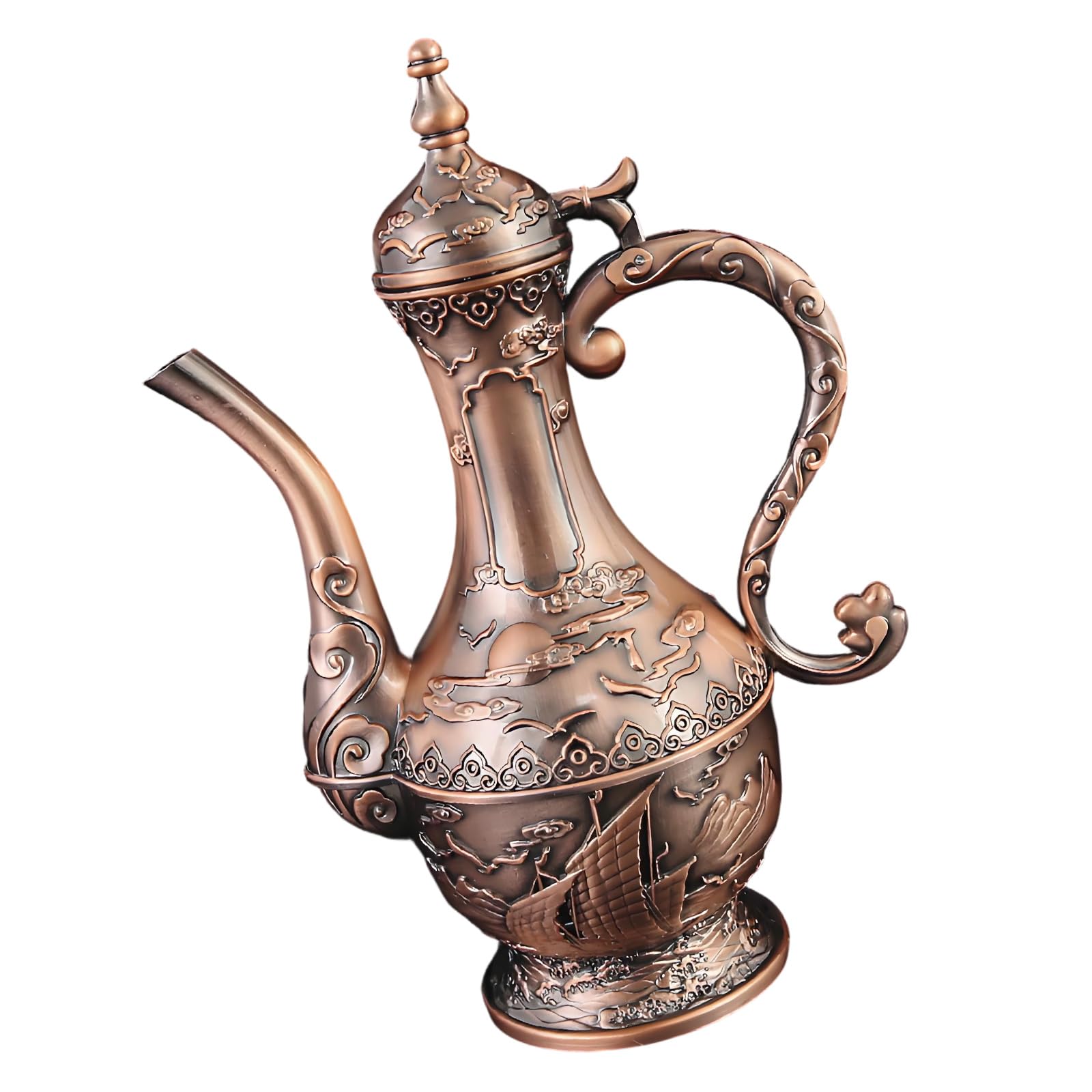 Ornamental Zinc Alloy Wine Ewer, Engraved Vintage Display Vessel for Family Gathering Tables and Home Hosting Decor Ceremonial Drinkware Pitcher Ornate Wine Pots Vintage Home Display Hostess Tabletop