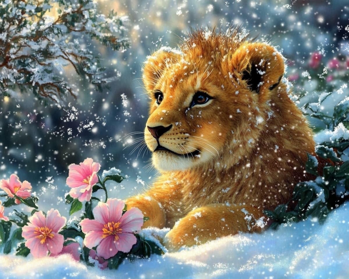 AxiangziK Cross Stitch Kits for Adults Beginners,Little Lion in the Snow DIY Gift Embroidery Needlework Crafts Home Decor 12x16 inch Easy (11CT Pre-Printed)