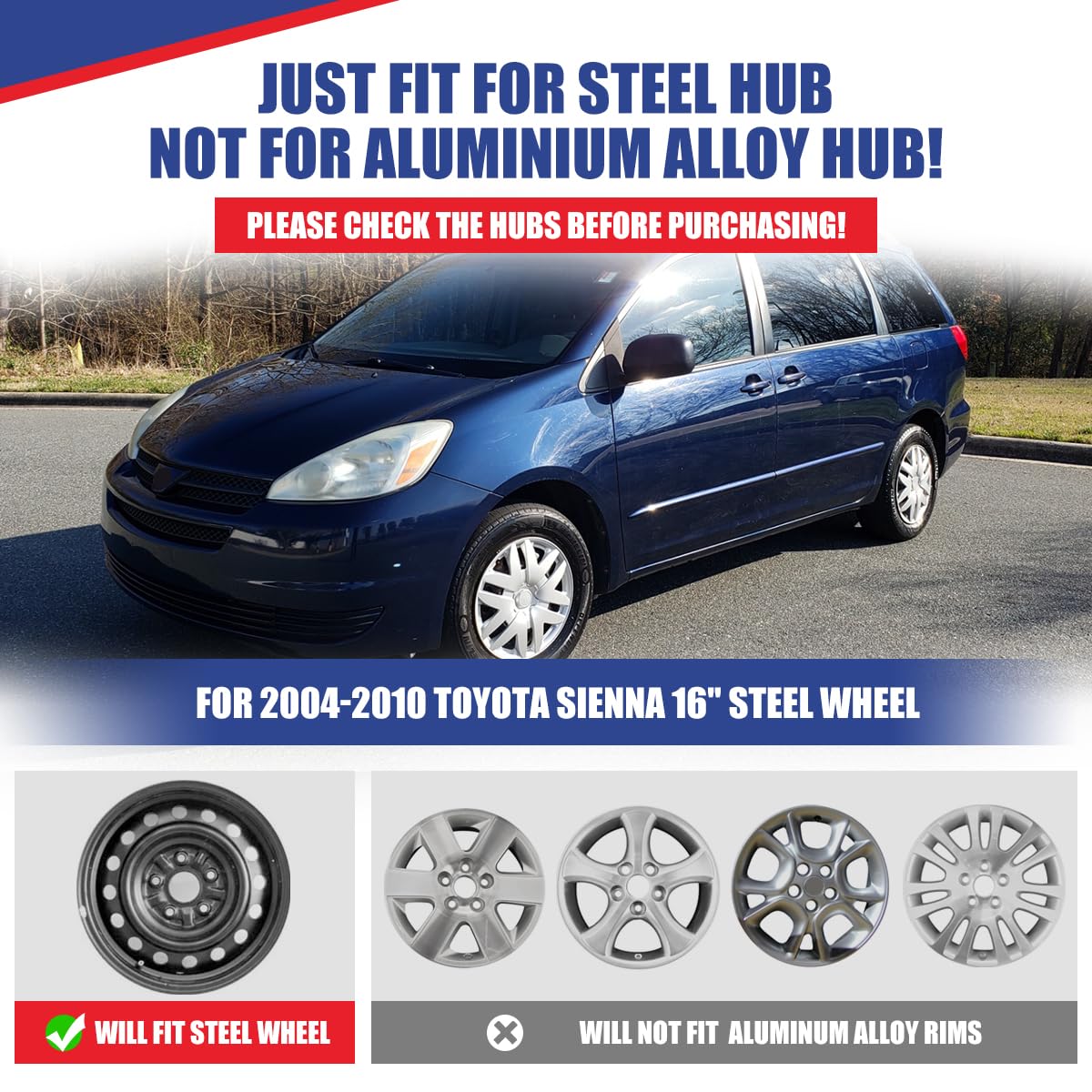 Winjet Wheel Covers Replacements 16'' Hubcaps for Toyota Sienna 2004-2010 Toyota Sienna Wheel Covers, Heavy Duty PP Material [Only Fit Iron Hub - Steel Wheel] (16 Inch Set of 4, Black Lacquer)