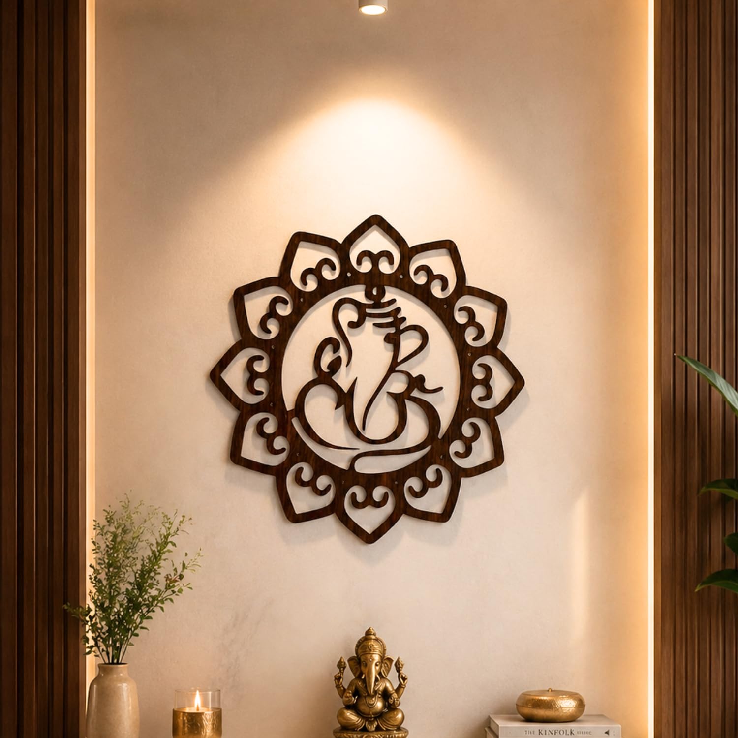 Woody Buddy Ganesha Wall Art with Floral Mandala | 30x30 cm Wooden Ganpati Wall Hanging for Home Temple, Pooja Room, Living Room & Meditation Space-picture-31